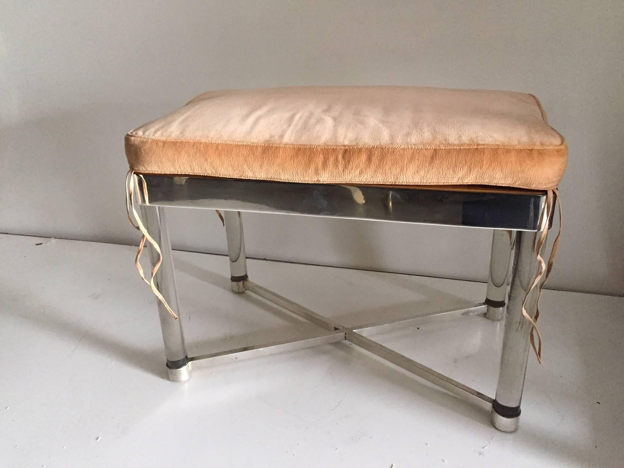  In the Manner of Karl Springer Polished Chrome and Glass X-Base Bench 1