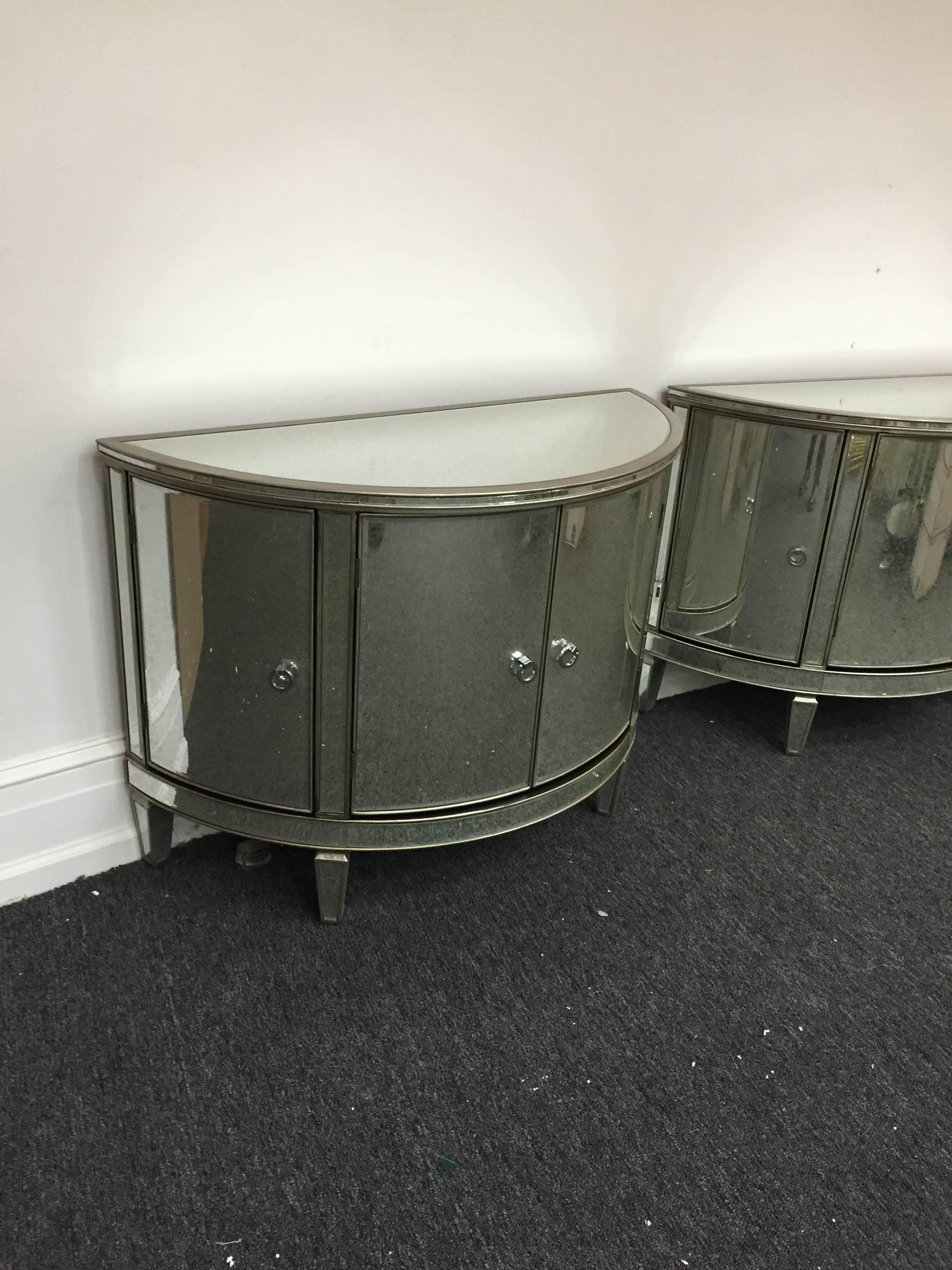 Pair of Custom-Made Demilune Mirrored Commodes In Good Condition For Sale In Mount Penn, PA