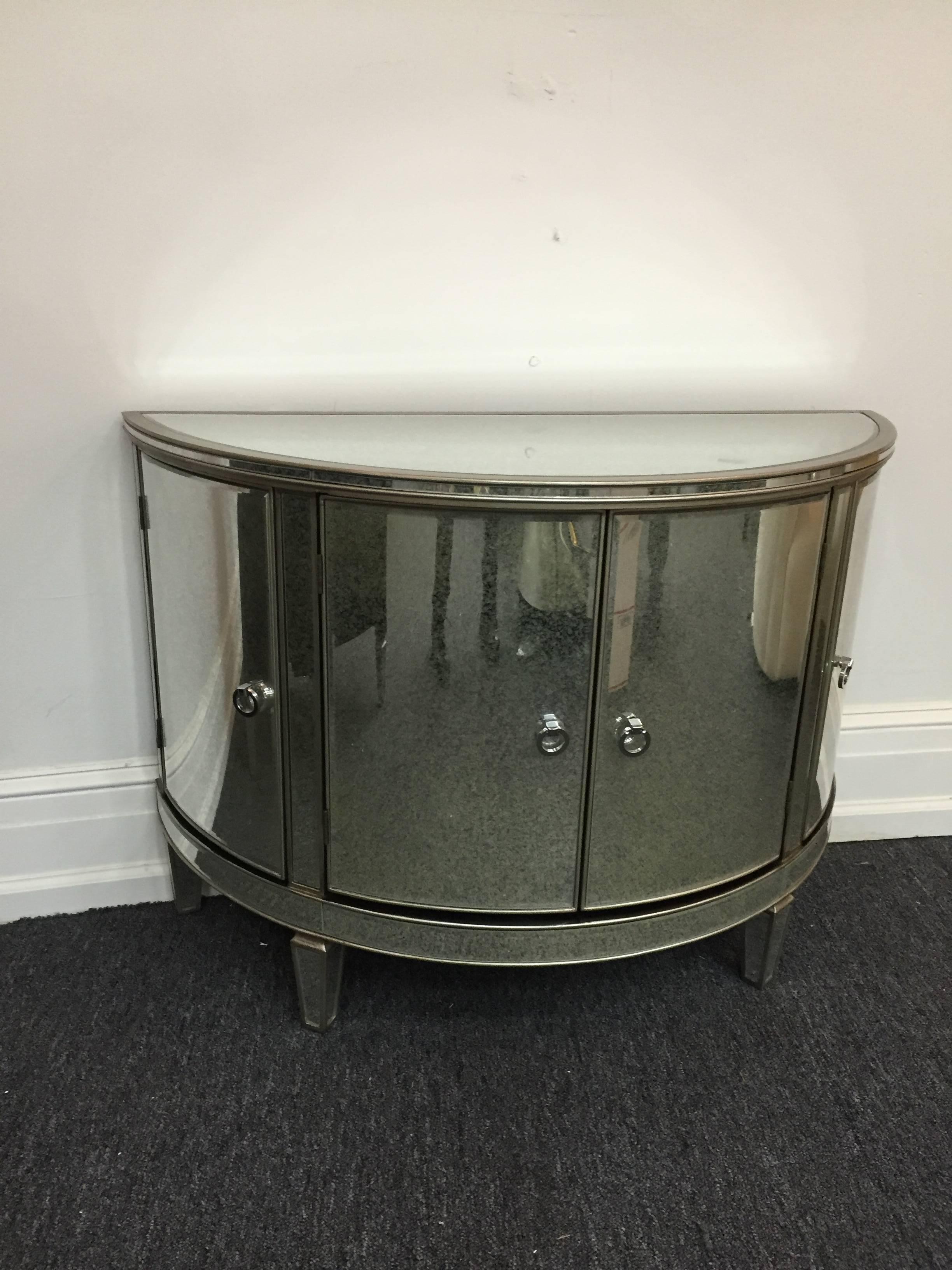 Contemporary Pair of Custom-Made Demilune Mirrored Commodes For Sale