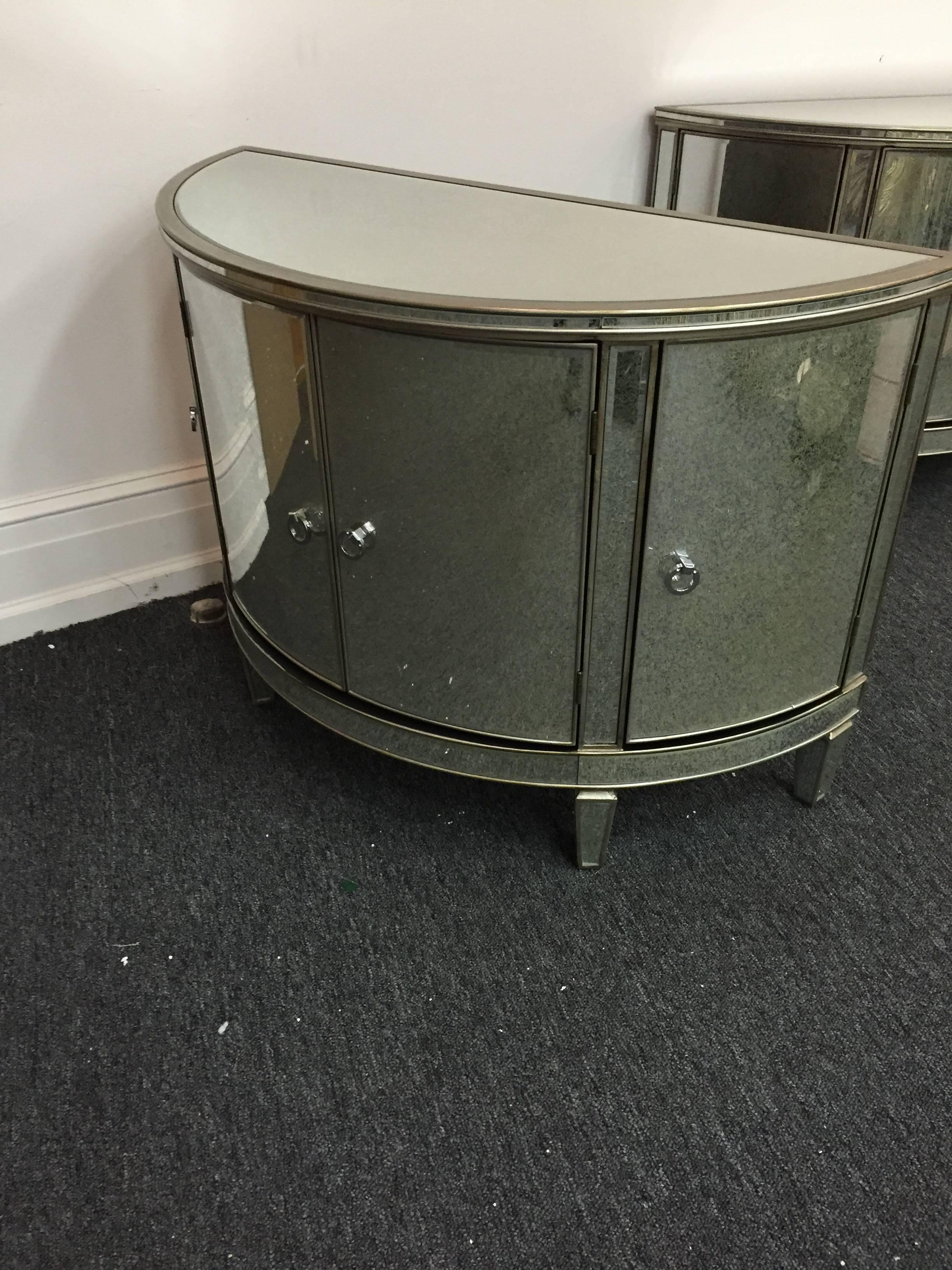Pair of Custom-Made Demilune Mirrored Commodes For Sale 1