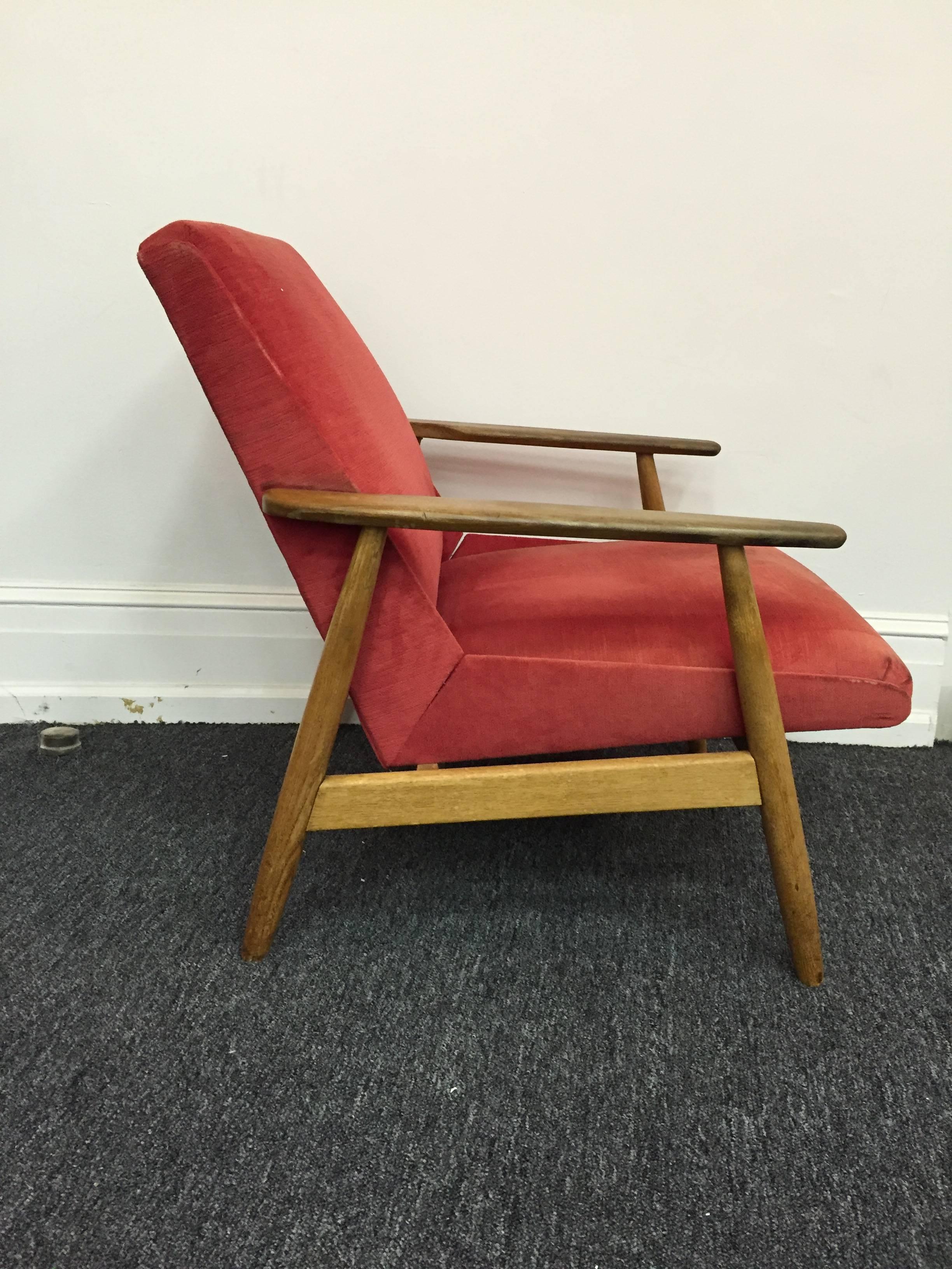 Scandinavian Modern Pair of Danish Modern Armchairs in Original Red Upholstery, circa 1960 For Sale