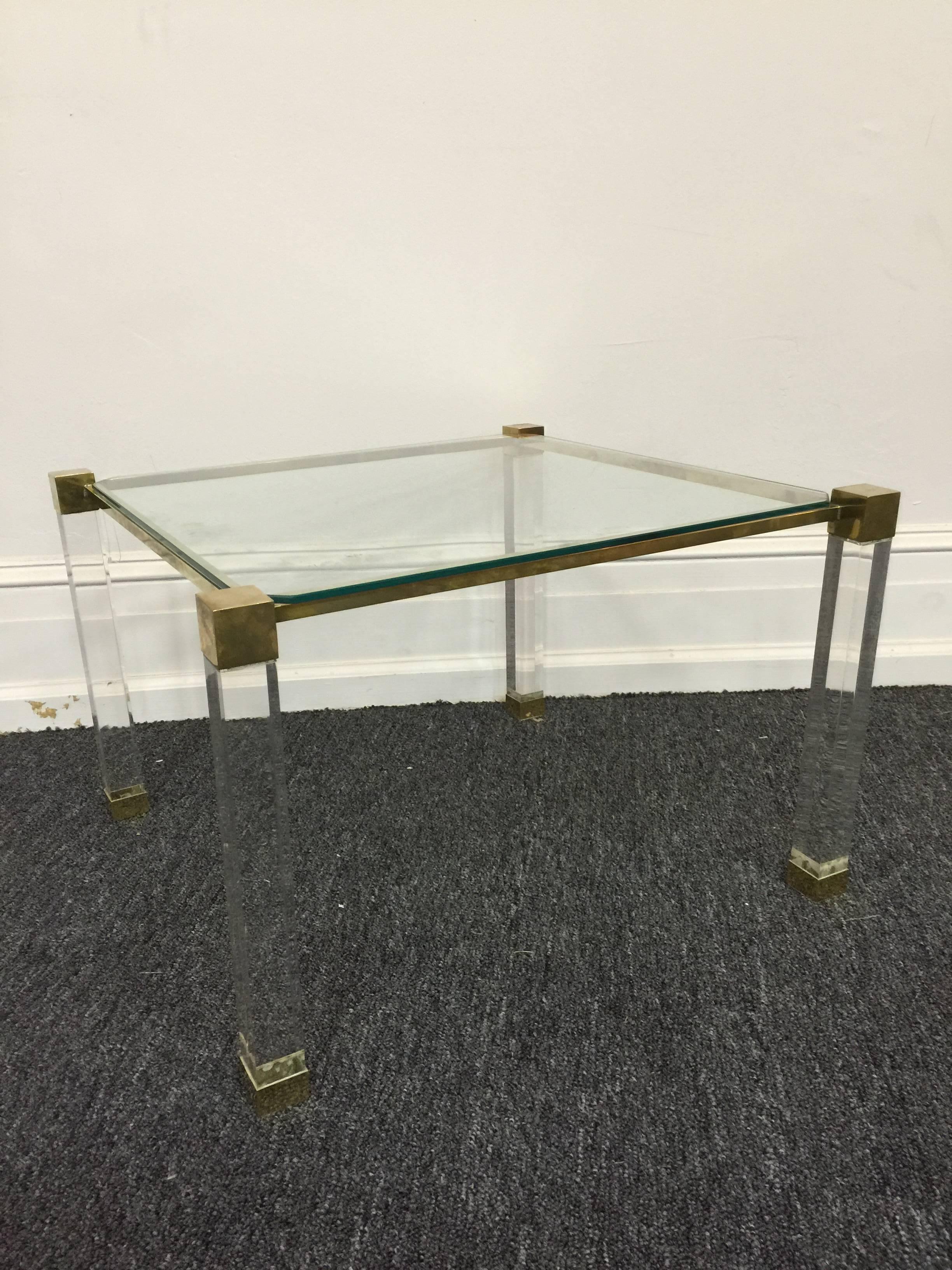 Polished Pair of Charles Hollis Jones Lucite and Brass End or Side Tables For Sale