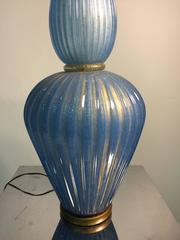 Midcentury Giant Blue Murano Glass Barovier Table Lamp with Gold Flakes