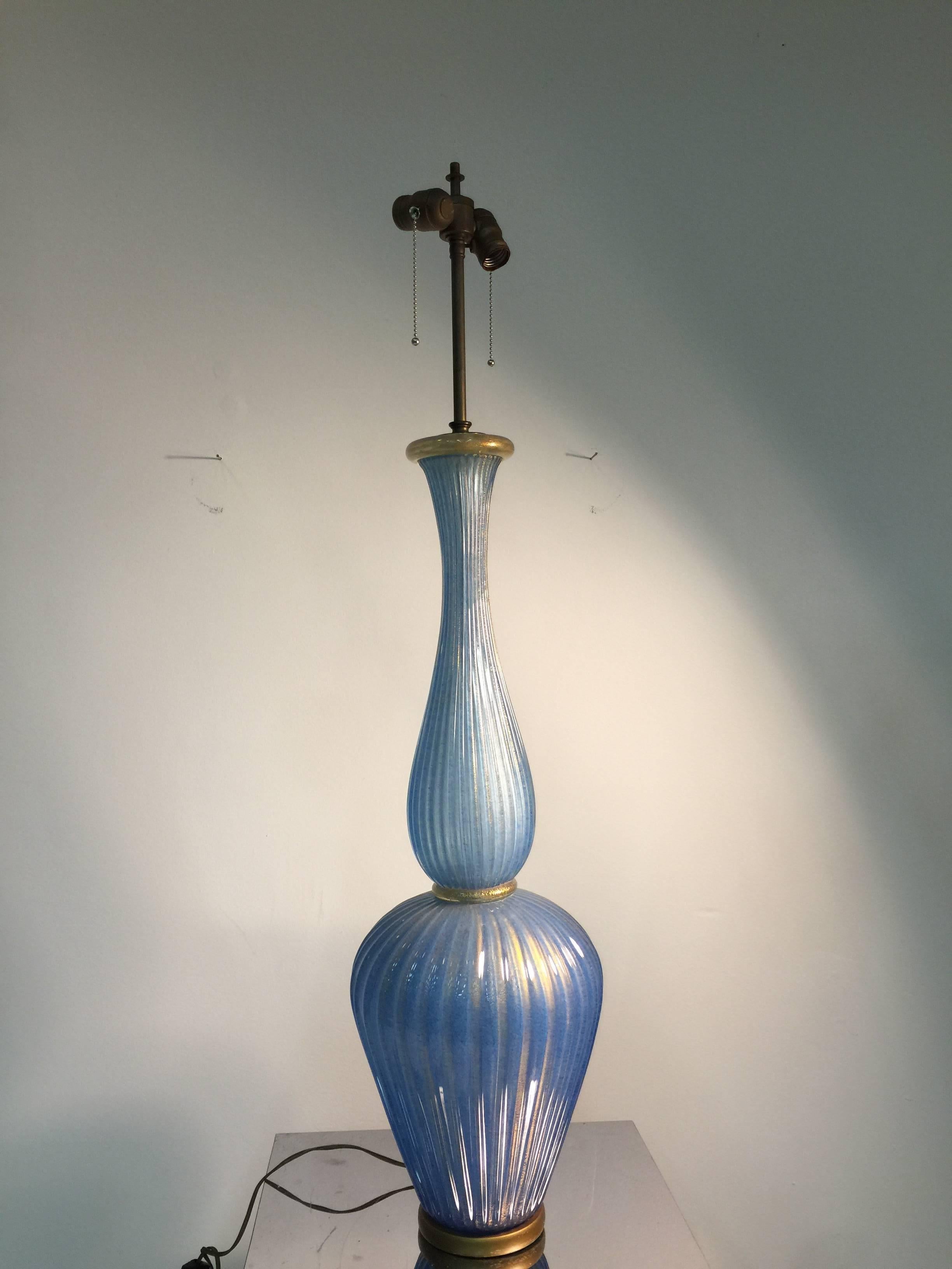 Mid-Century Modern Midcentury Giant Blue Murano Glass Barovier Table Lamp with Gold Flakes For Sale