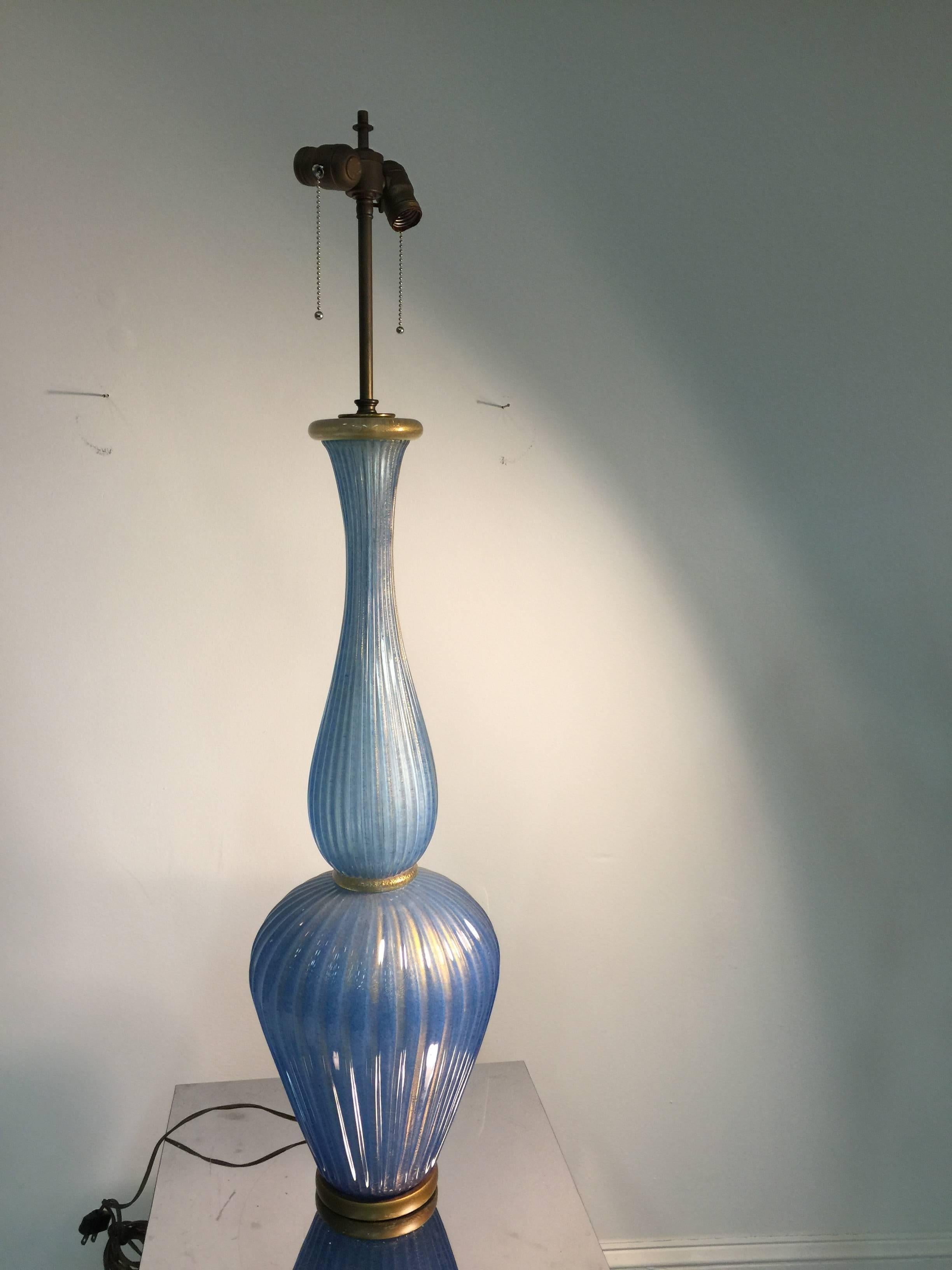 Italian Midcentury Giant Blue Murano Glass Barovier Table Lamp with Gold Flakes For Sale