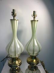 Lovely Pair of Italian White and Green Striped Murano Glass Table Lamps