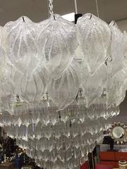 Monumental Pair of Murano Glass Leaf and Prism Chandeliers
