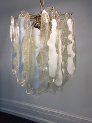 Mazzega Chandelier with Textured Clear and White Oblong Drops of Murano Glass