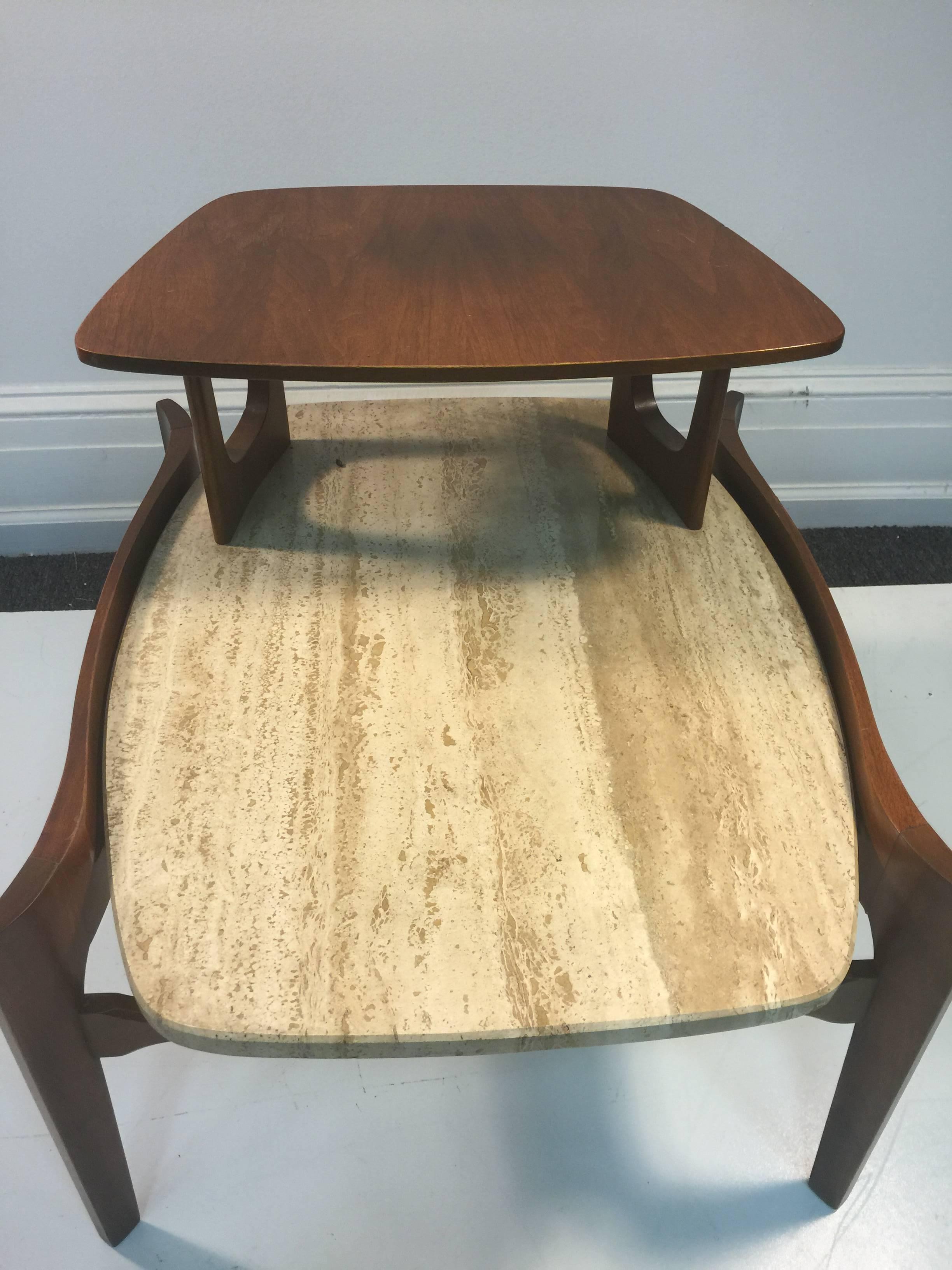 Exceptional Pair of Italian Wood and Travertine Two-Tier Side Tables For Sale 2