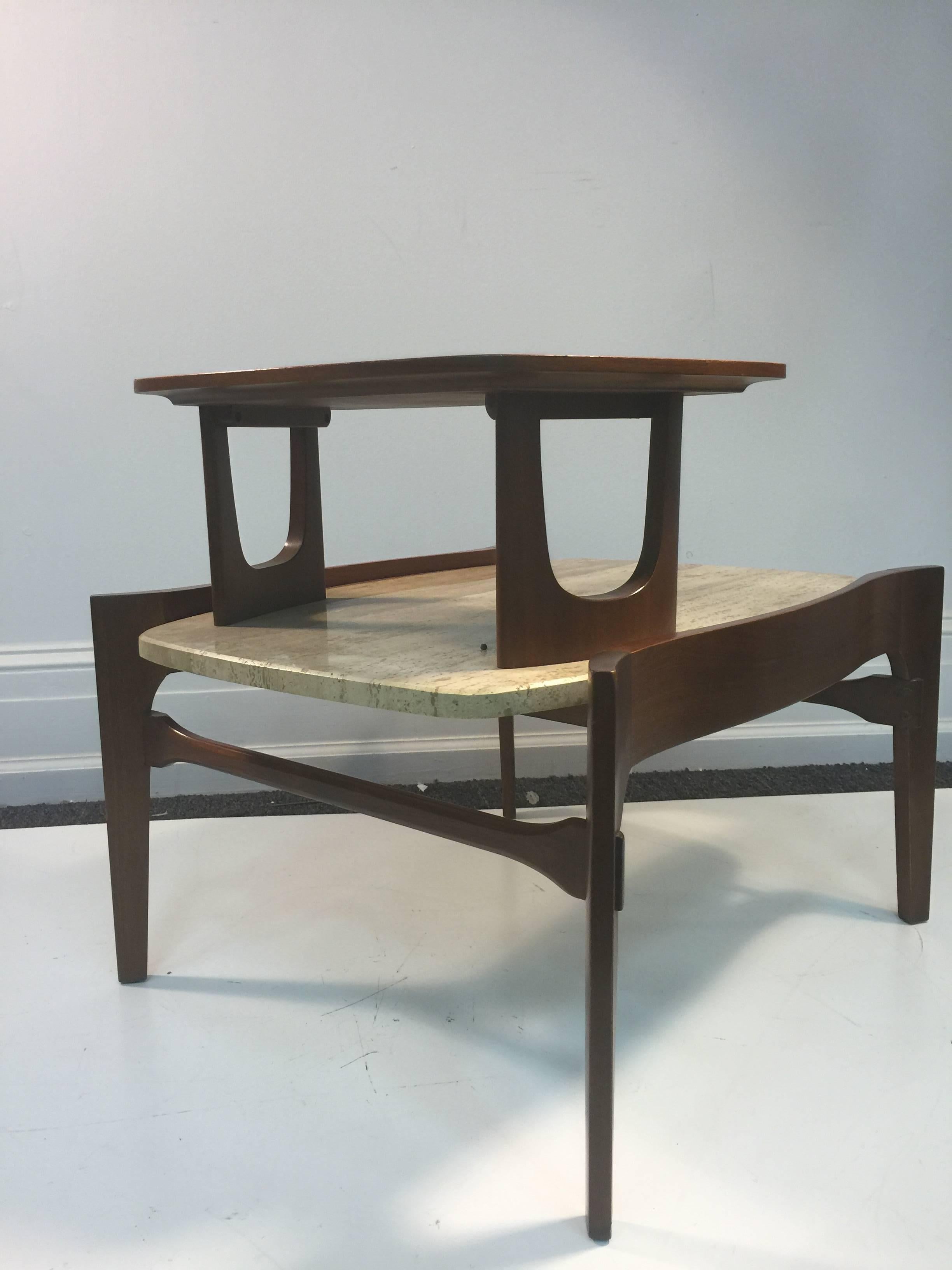 20th Century Exceptional Pair of Italian Wood and Travertine Two-Tier Side Tables For Sale