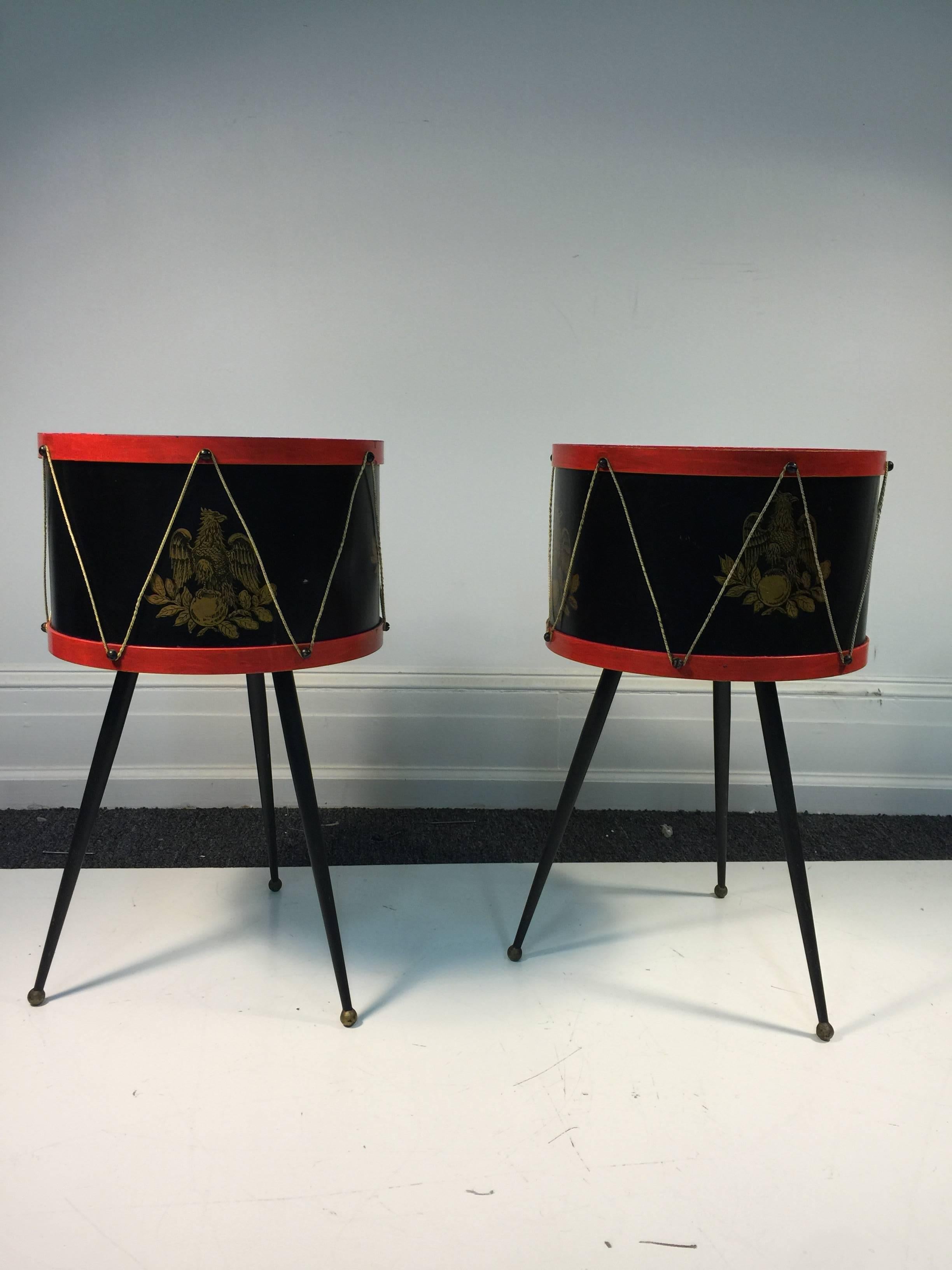 Enameled Fantastic Pair of Mid Century Drum Tole Side Tables Attributed to Fornasetti For Sale