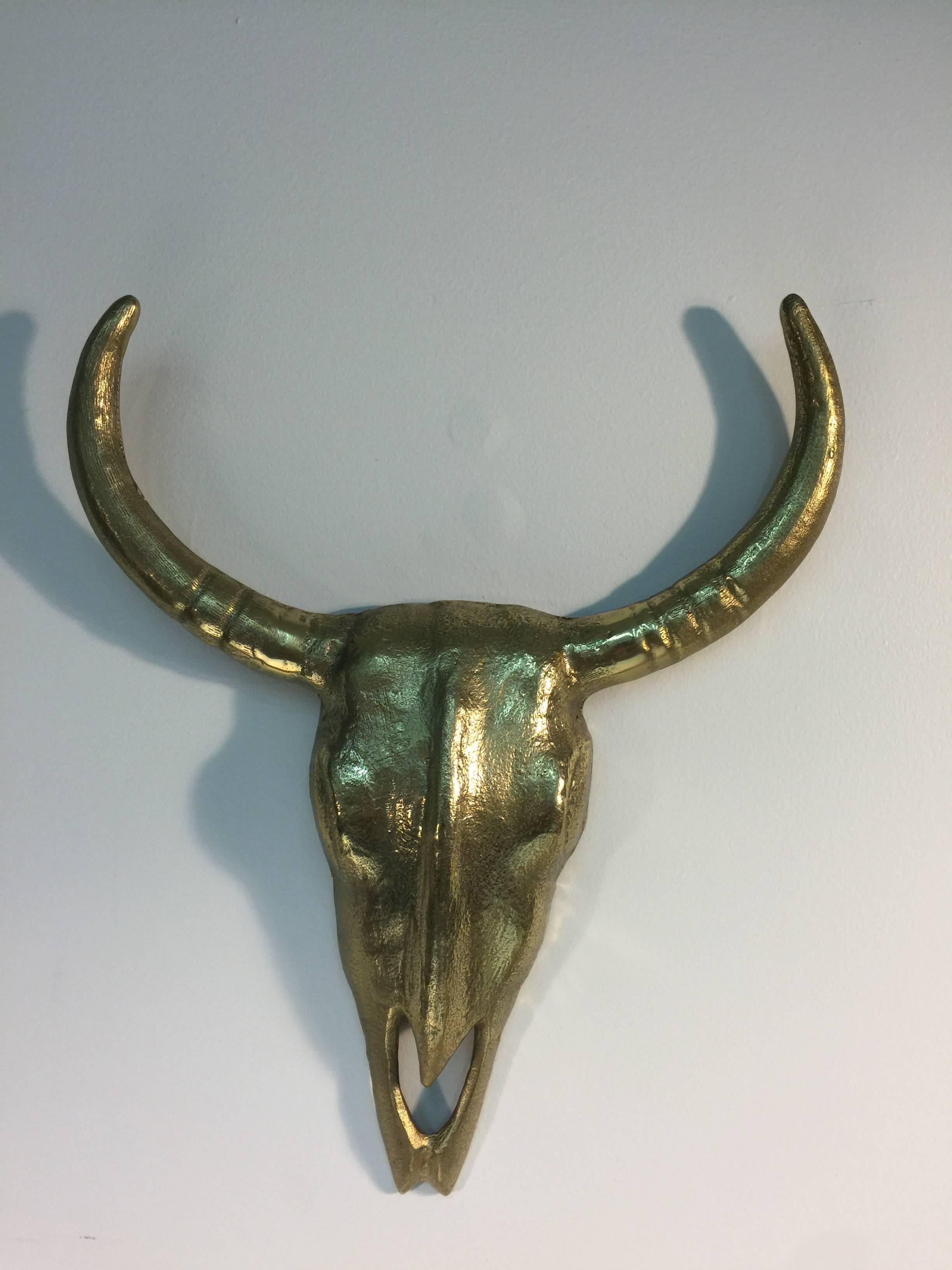 Modern Substantial and Sculptural Pair of Solid Brass Steer Heads, circa 1970 For Sale