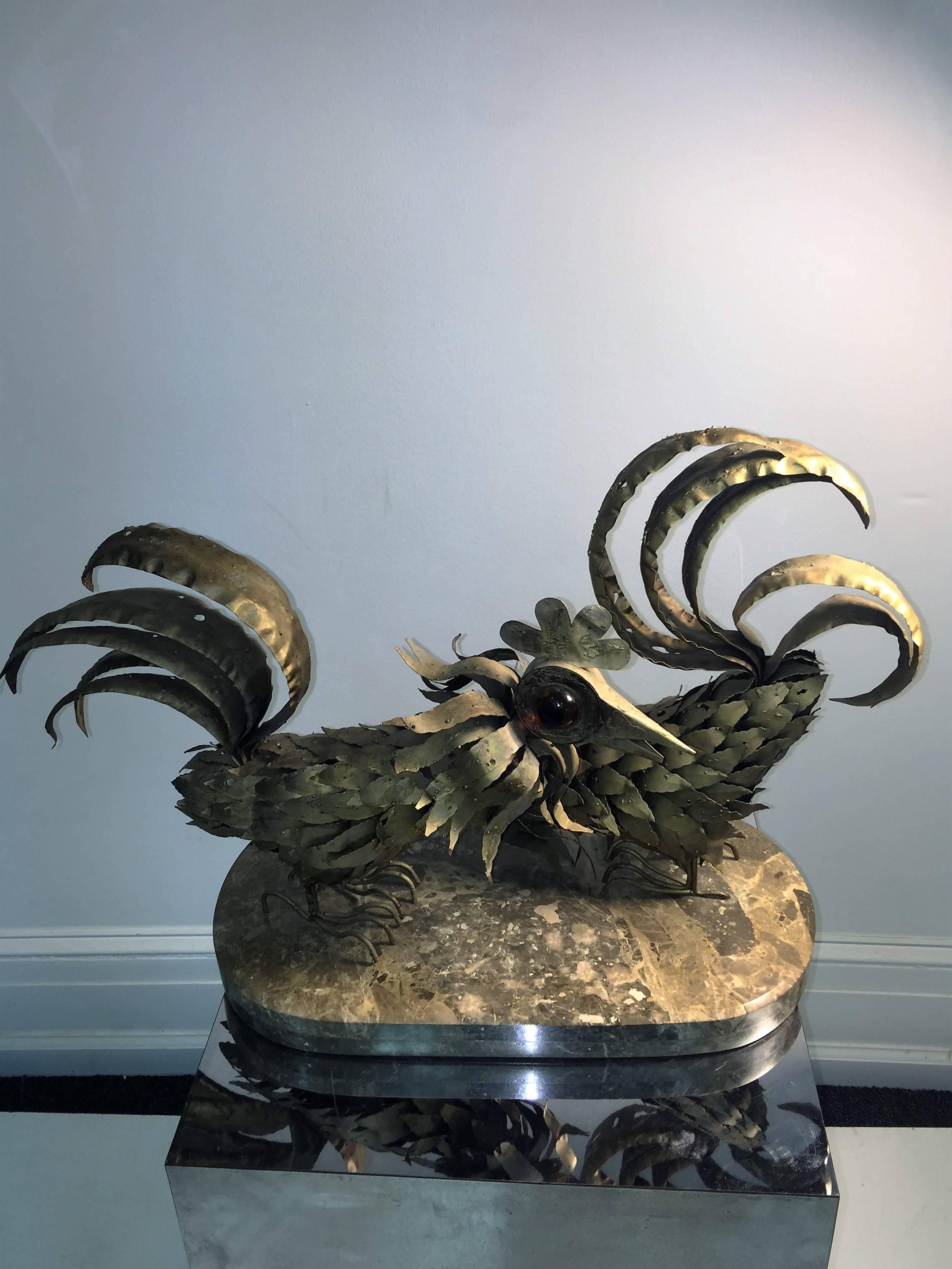 Brutalist Signed Curtis Jere 1967 Roosters on Marble Sculpture For Sale 2