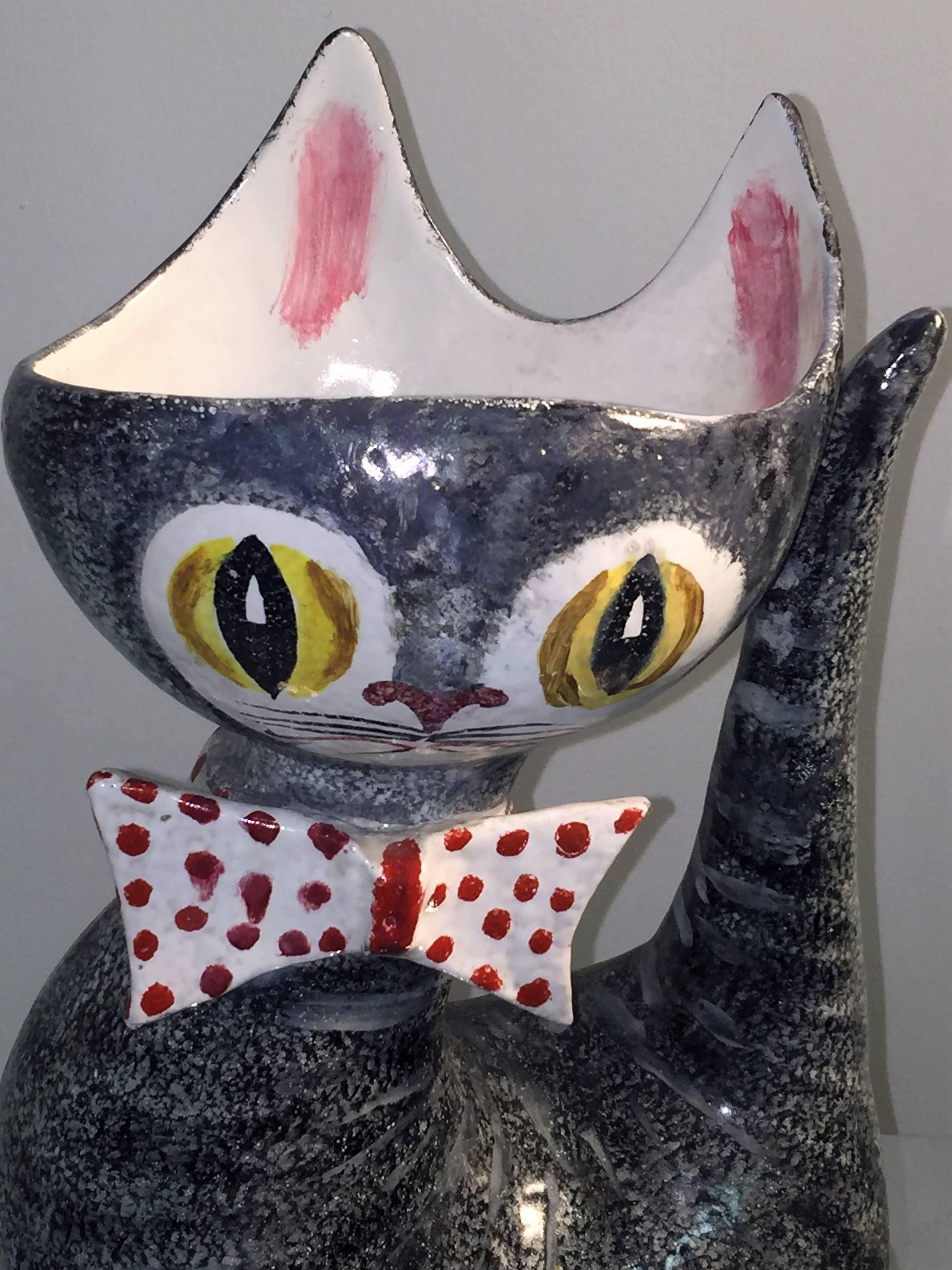Mid-Century Modern Mid-Century Whimsical and Colorful Italian Ceramic Cat Figure/Vase For Sale