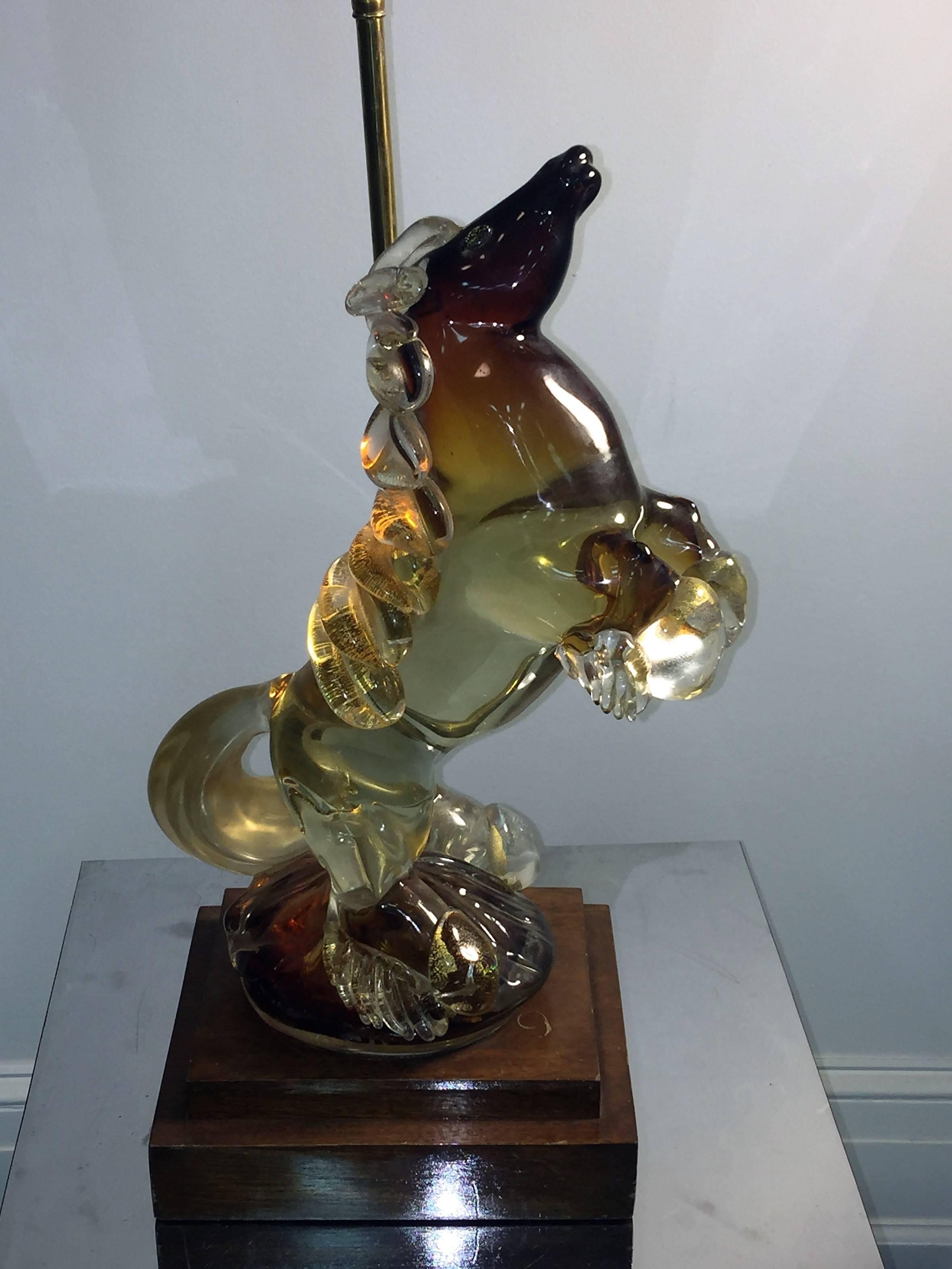 Mid-Century Modern Pair of Alfredo Barbini Fancy Stallion Murano Glass Lamps For Sale
