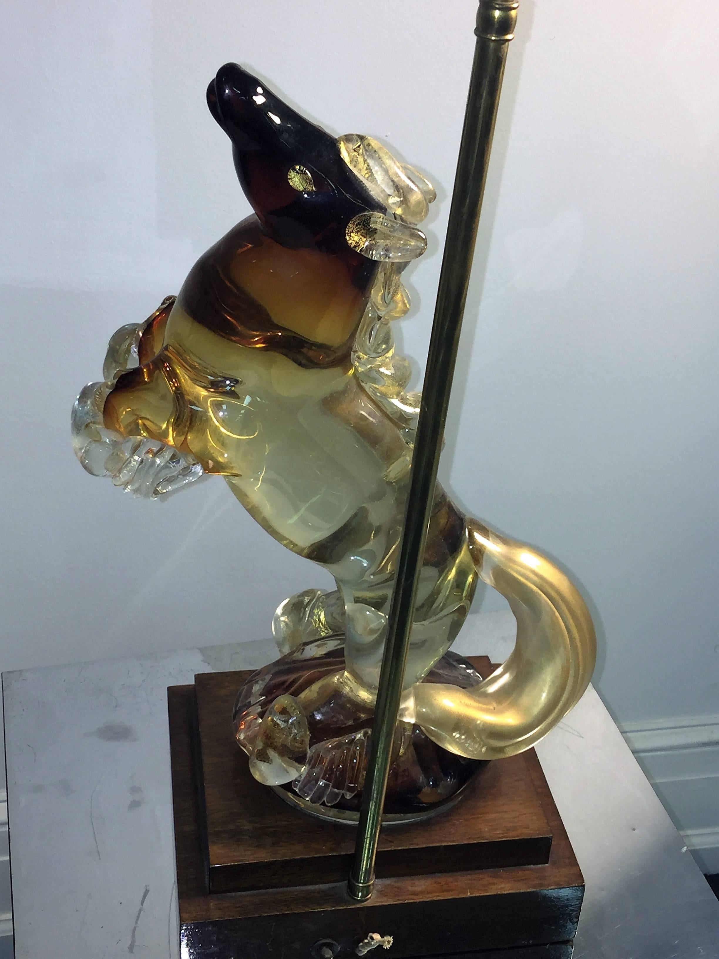 Pair of Alfredo Barbini Fancy Stallion Murano Glass Lamps In Excellent Condition For Sale In Mount Penn, PA