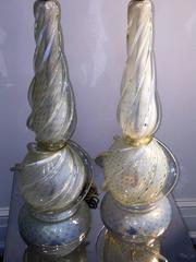 Elegant Pair of Seguso Swirled Opal and Gold Dotted Murano Lamps