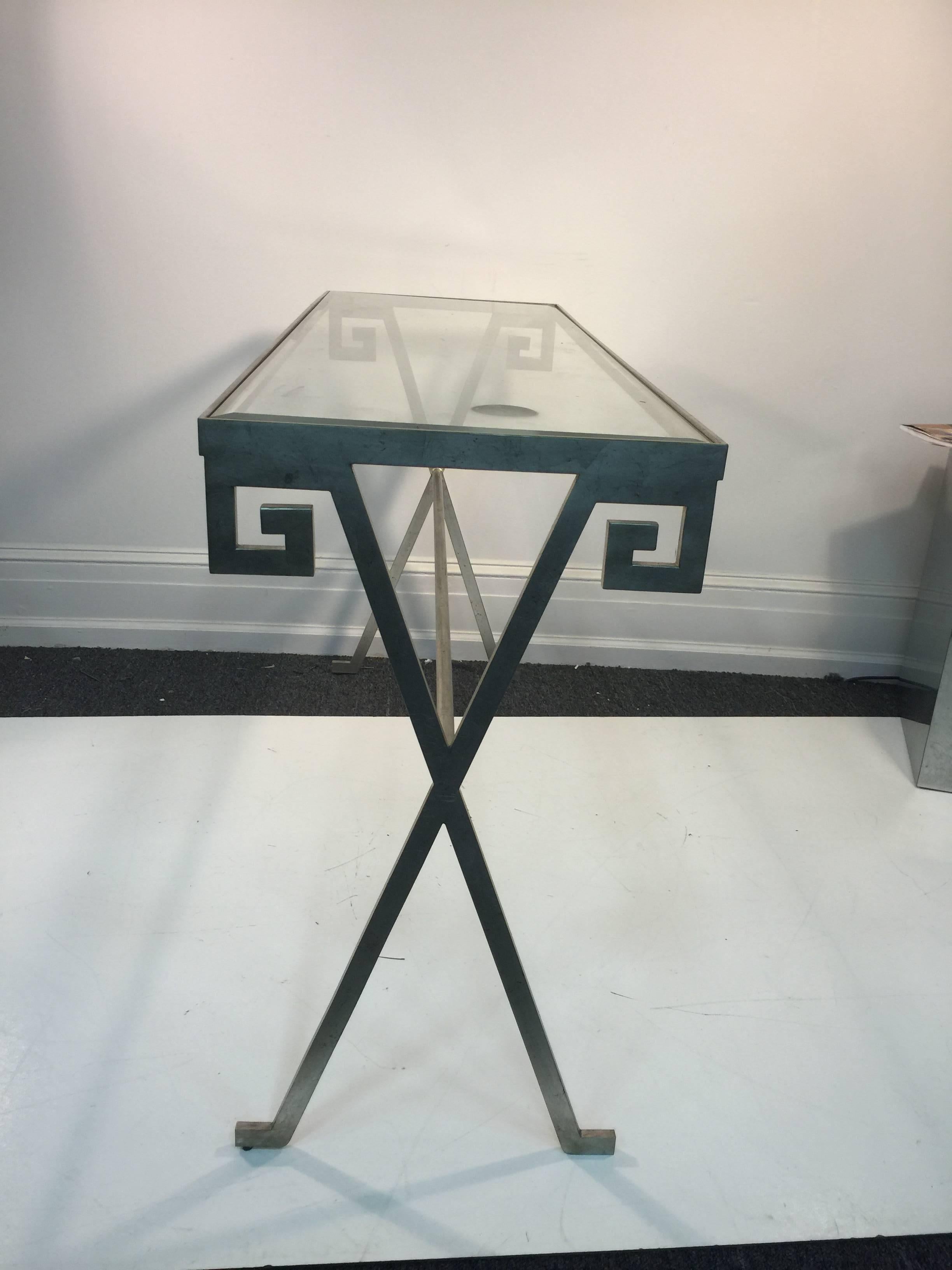 Glass Great Pair of Greek Key Console Tables in the Manner of Paul Frankl For Sale