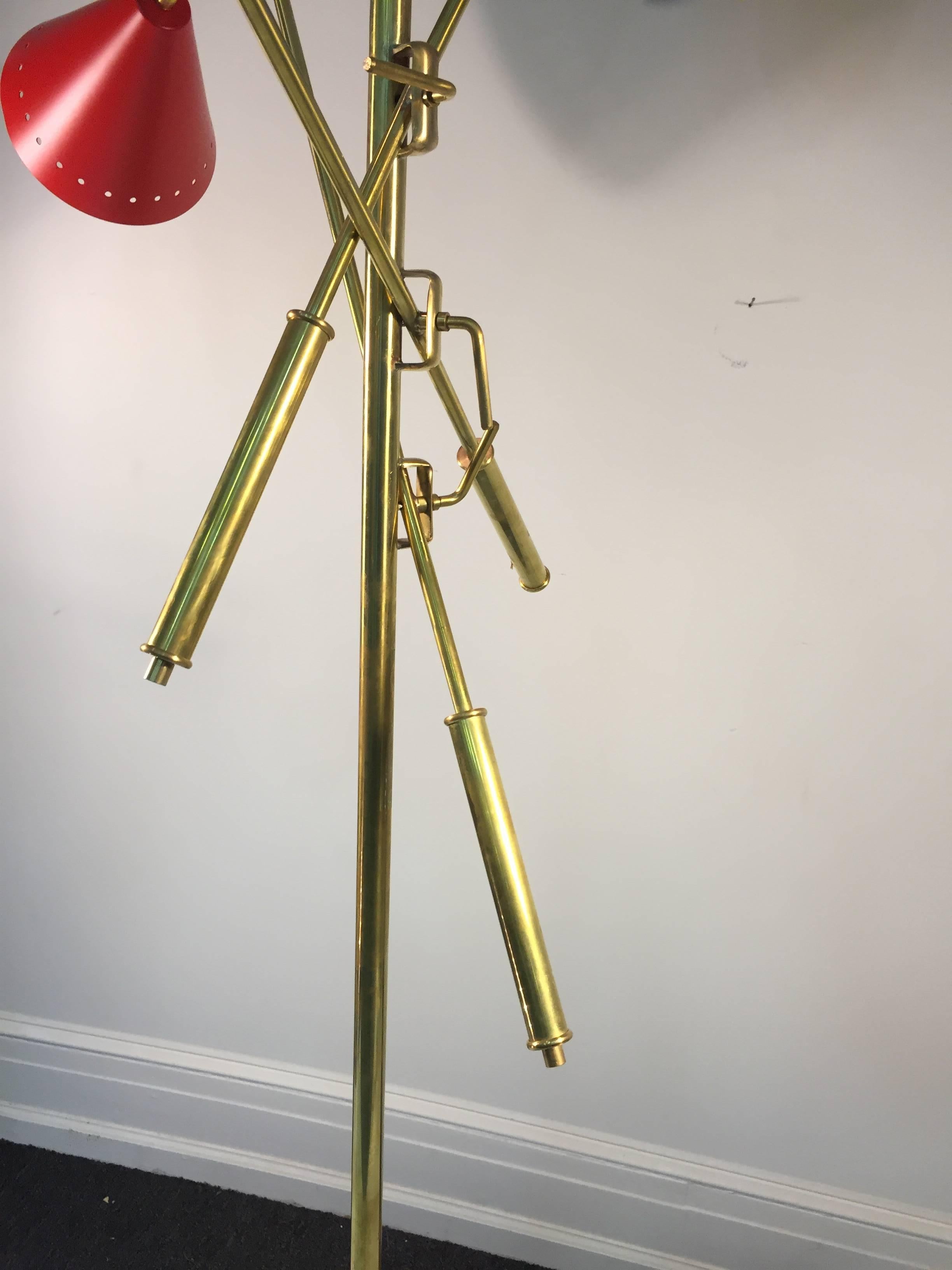 Brass Red, White and Blue Triennale Floor lamp Designed After Arredoluce For Sale