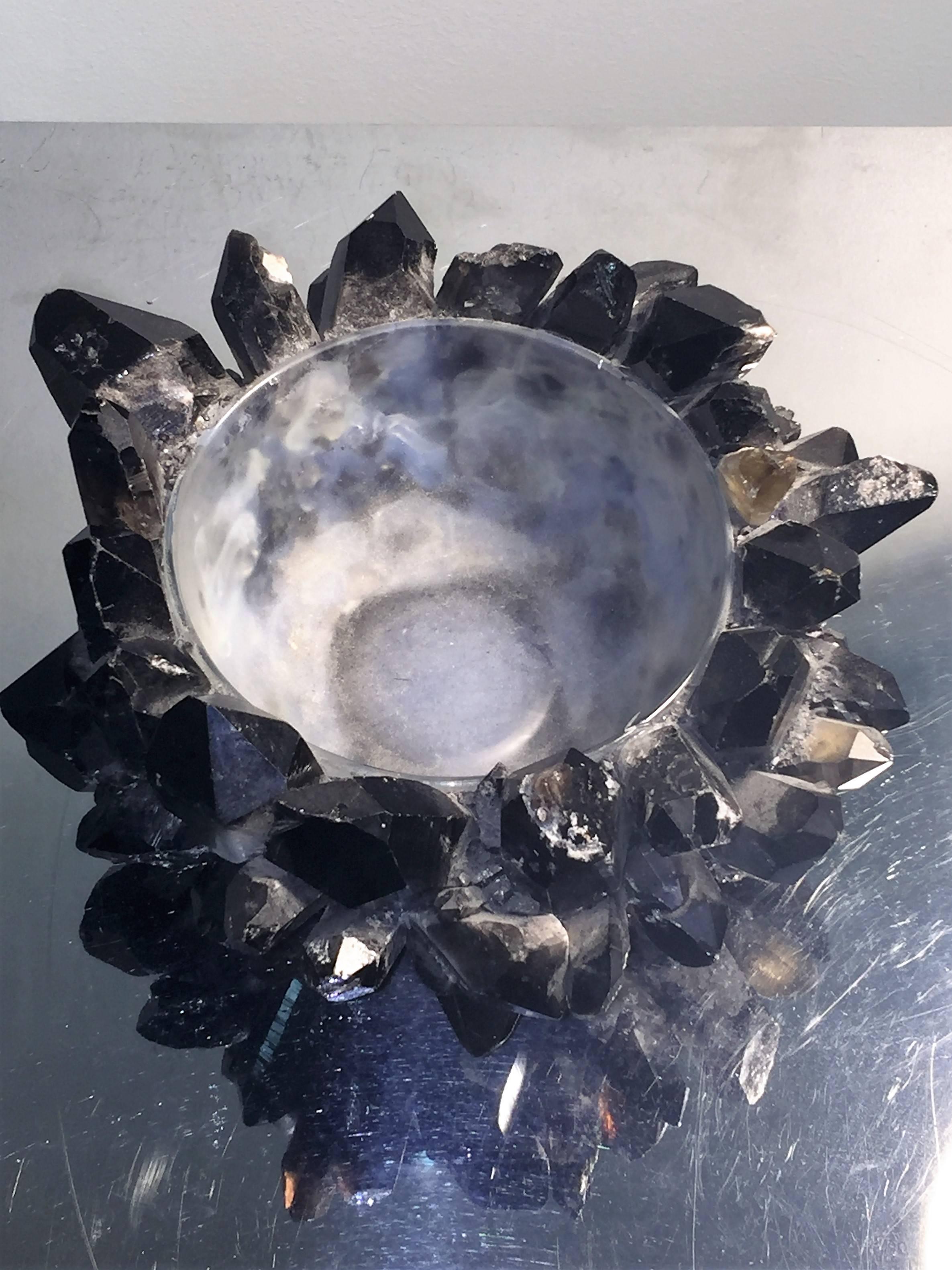Striking Natural Black Quartz Crystal Bowl Signed McCoy Design In Excellent Condition For Sale In Mount Penn, PA
