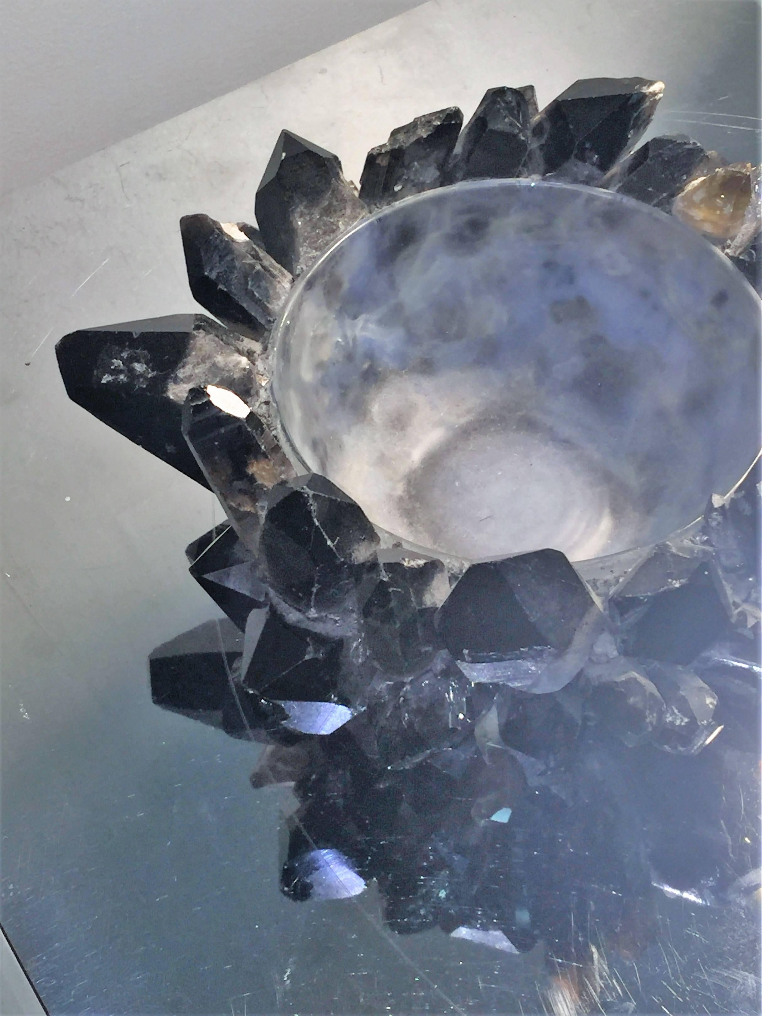 Striking Natural Black Quartz Crystal Bowl Signed McCoy Design For Sale 4