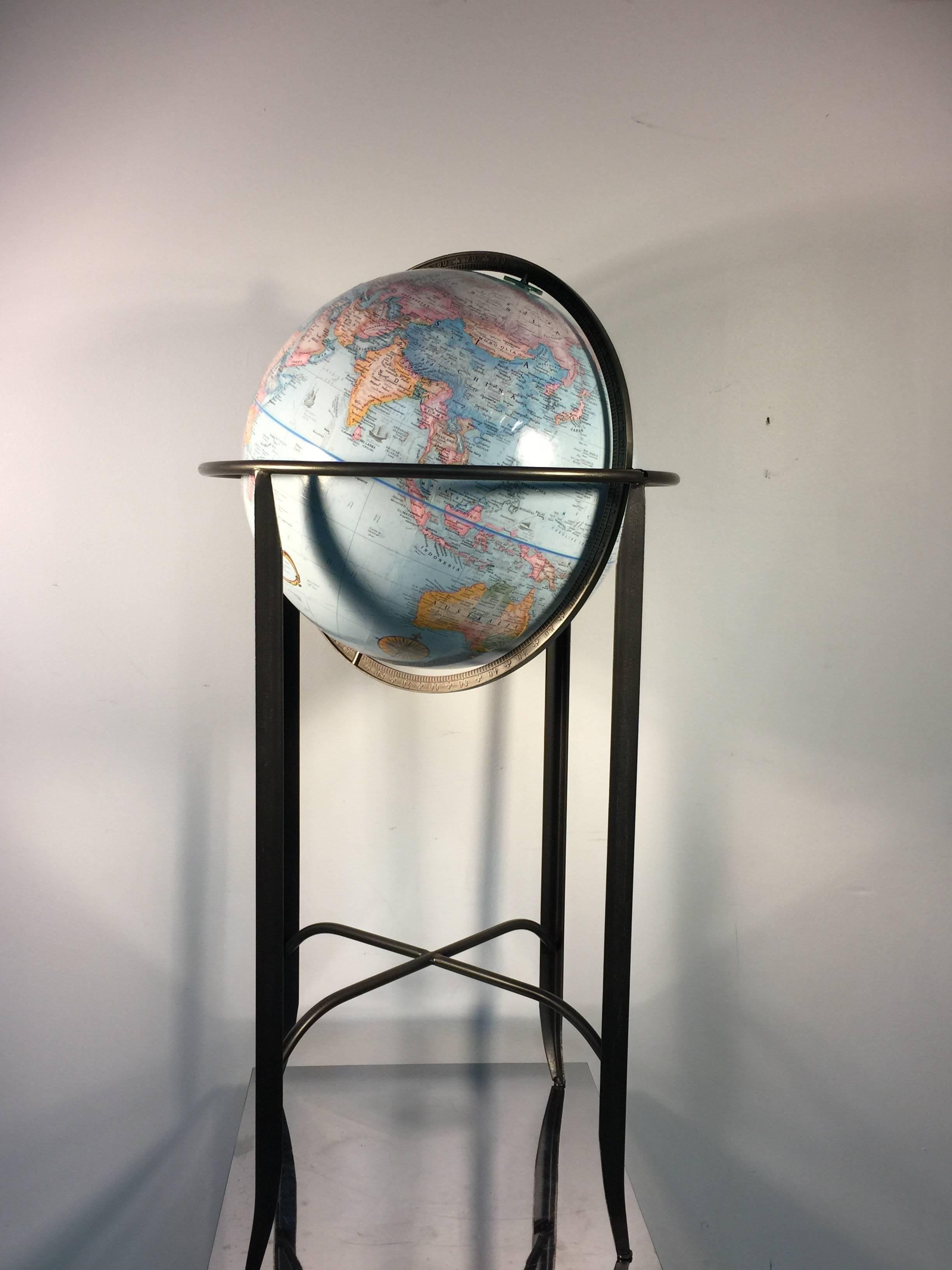 American Great Globe on Modern Iron Stand, circa 1980 For Sale