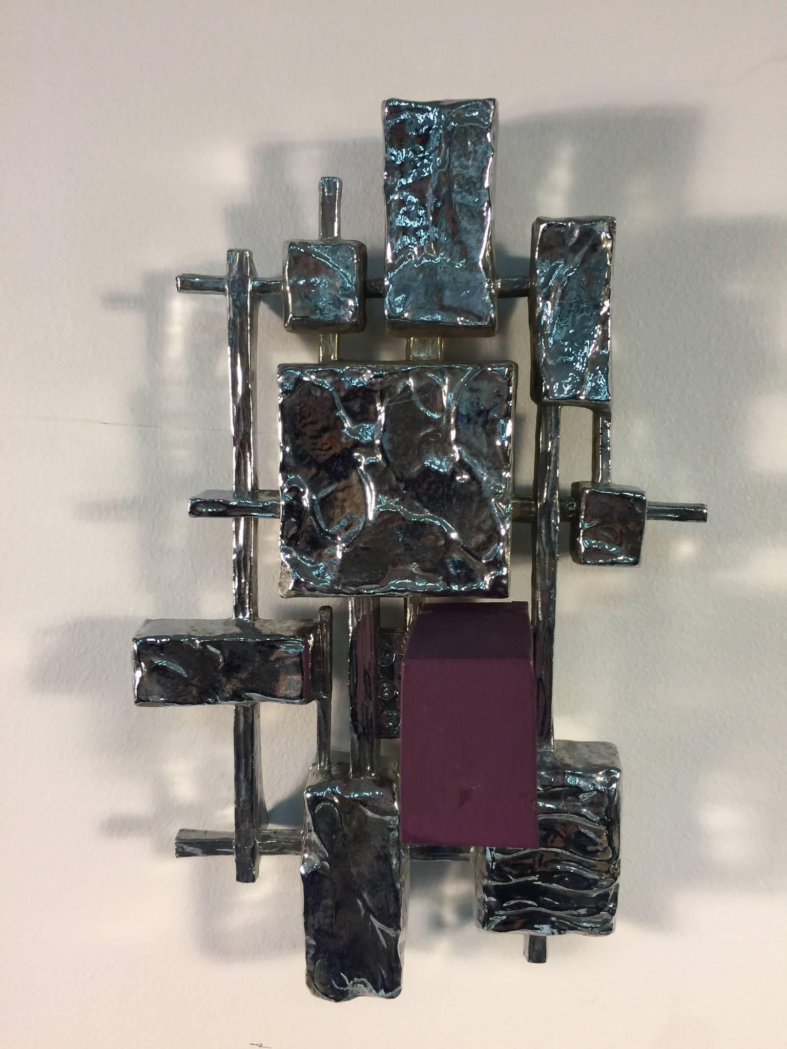 American Brutalist Pair of Silver and Purple Cube Wall Sculptures in the Style of Evans For Sale