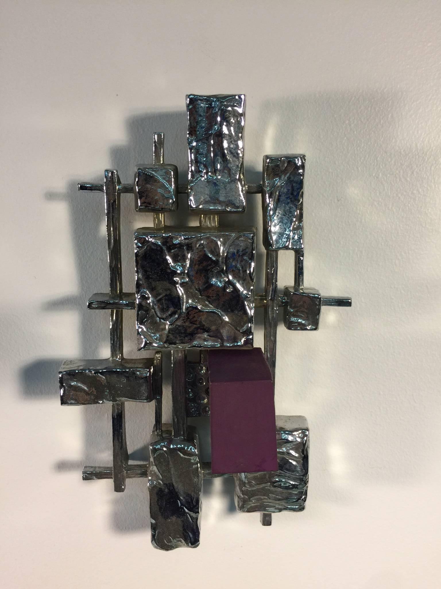 20th Century Brutalist Pair of Silver and Purple Cube Wall Sculptures in the Style of Evans For Sale