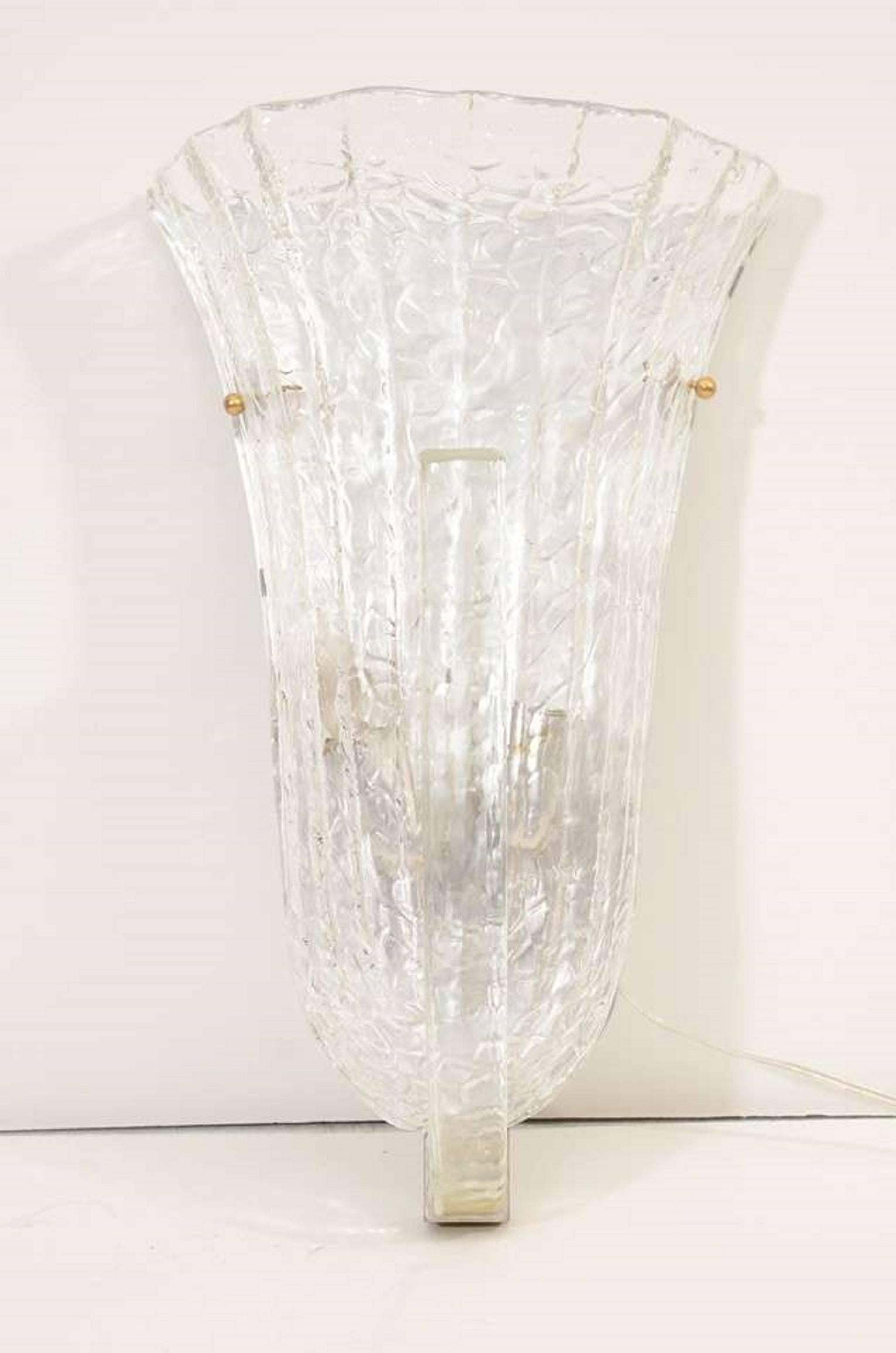 Mid-Century Modern Incredible Pair of Venini Murano Ice Glass Italian Wall Sconces For Sale