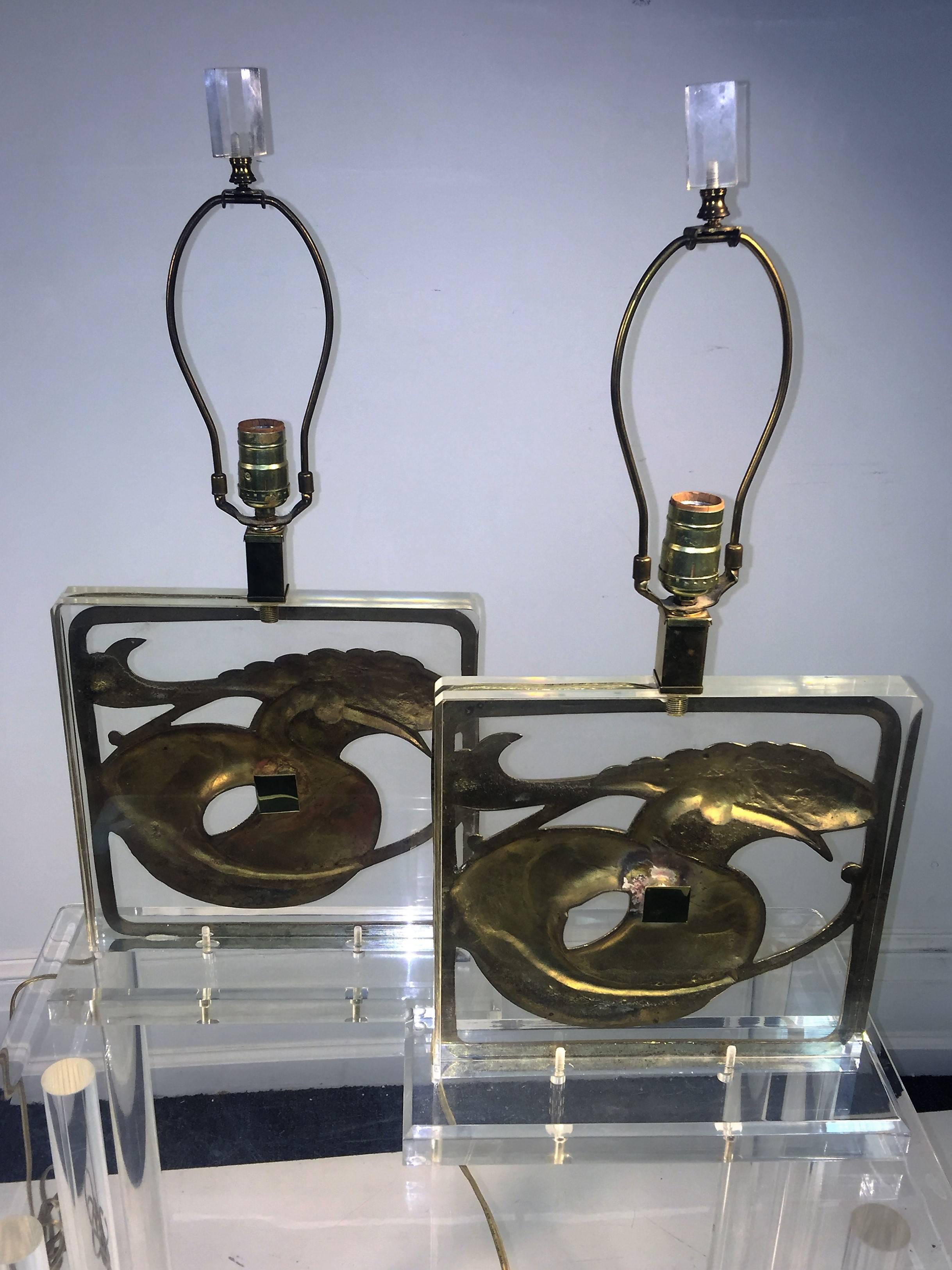 Exceptional Pair of Chapman Stylized Brass Egret and Fish Design Lucite Lamp For Sale 1