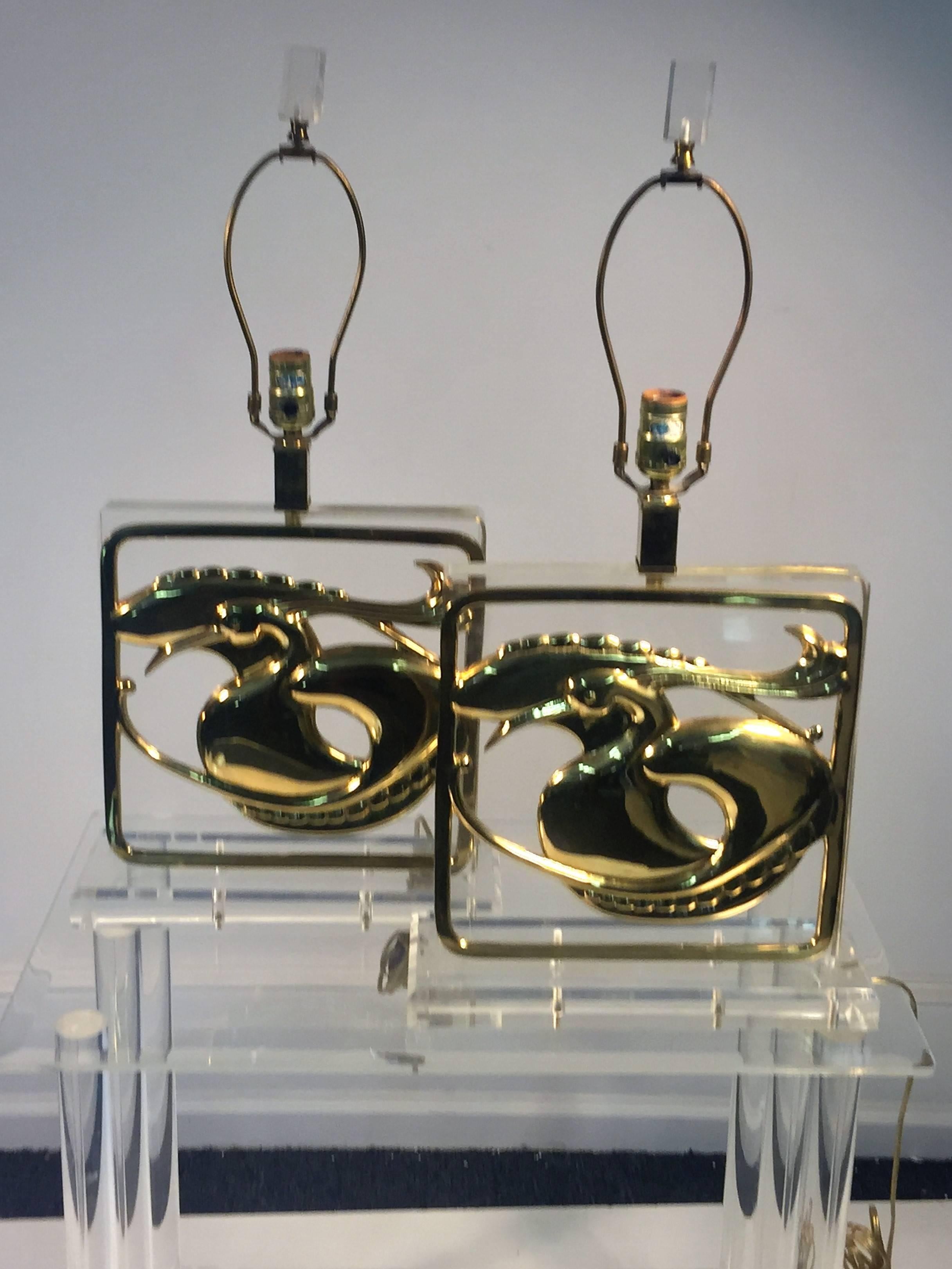  Exceptional Pair of Chapman Stylized Brass Egret and Fish Design Lucite Lamp For Sale 3