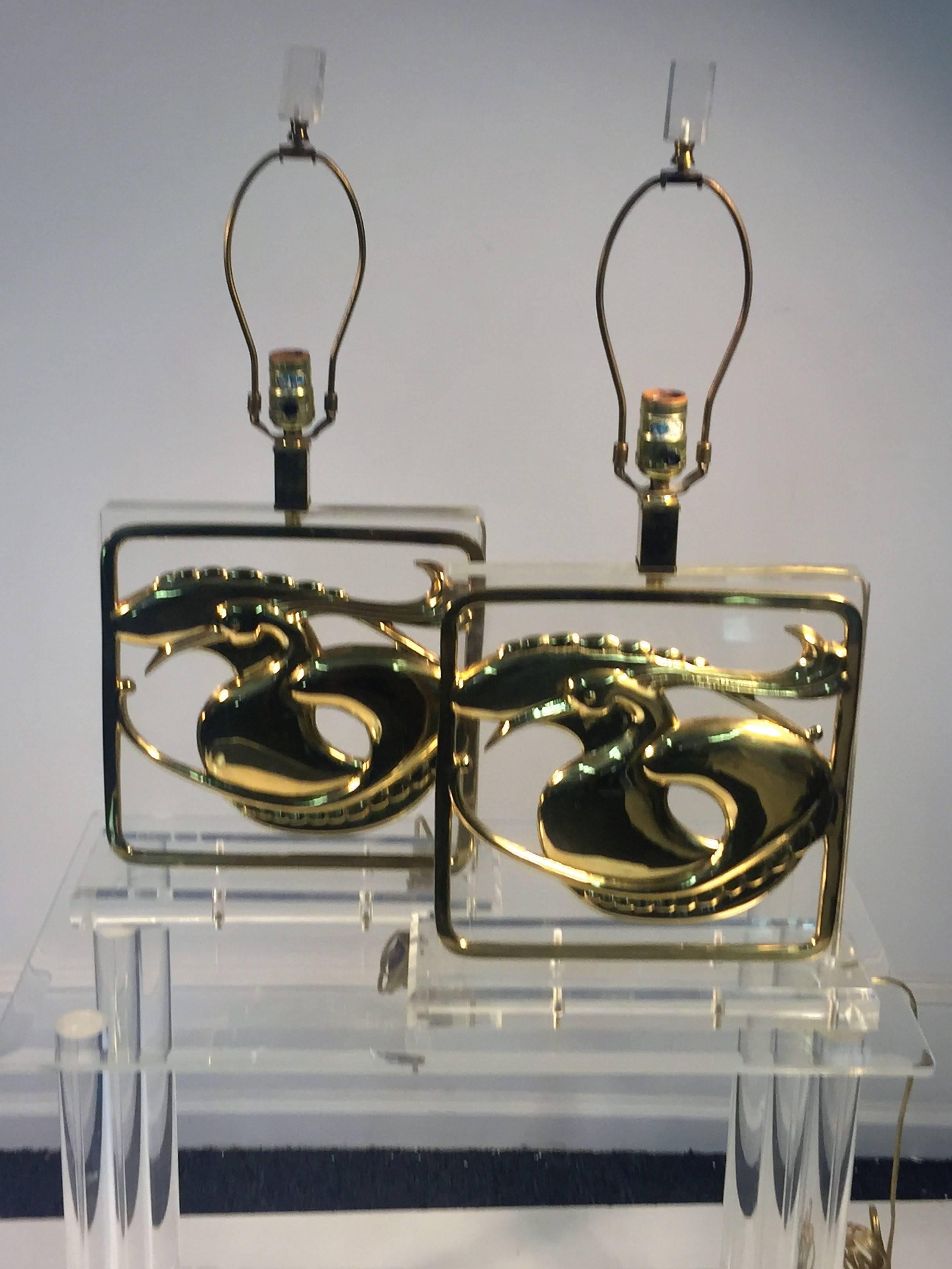 Exceptional Pair of Chapman Stylized Brass Egret and Fish Design Lucite Lamp For Sale 3