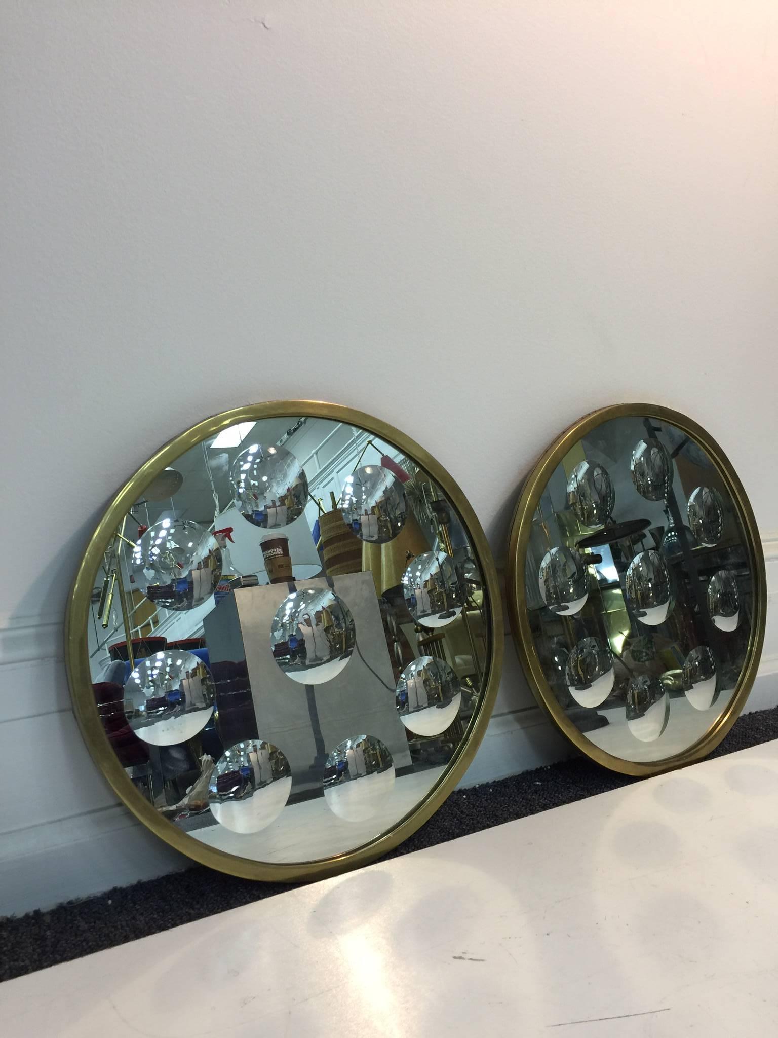 Fantastic Pair of Convex Op Art Wall Mirrors by Fornasetti, circa 1970 In Good Condition For Sale In Mount Penn, PA