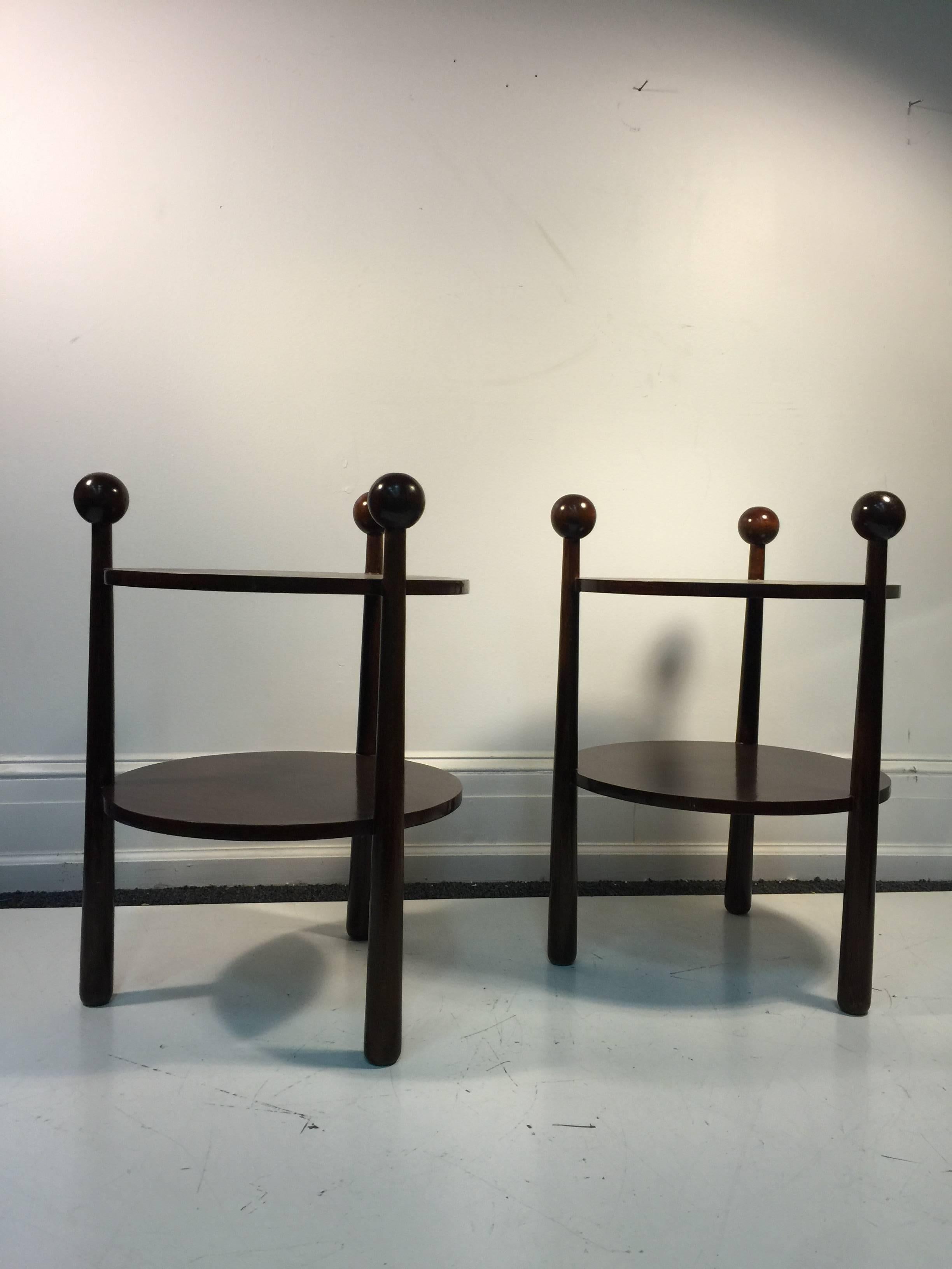 Modern Fantastic Pair of French Two-Tier Wooden Tripod Side Tables with Ball Accents For Sale