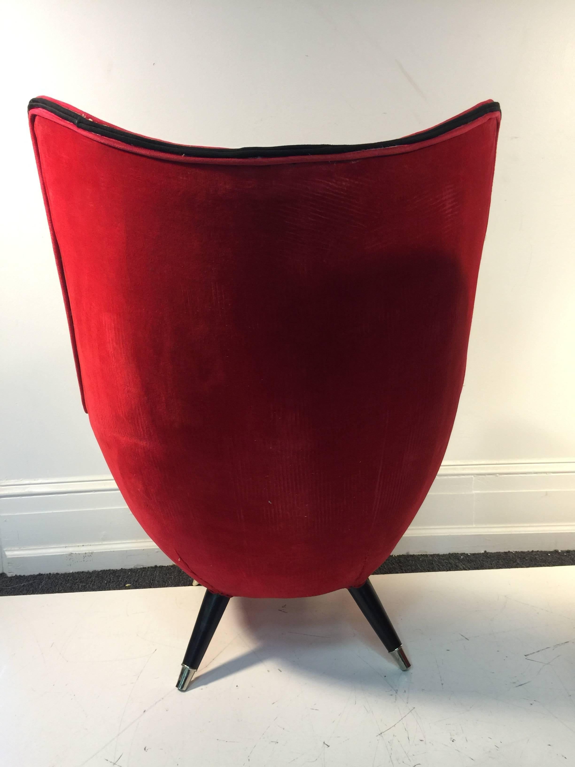  Exceptional Pair of Modernist Red/Black Lounge Chairs Atrributed to Jean Royere For Sale 2