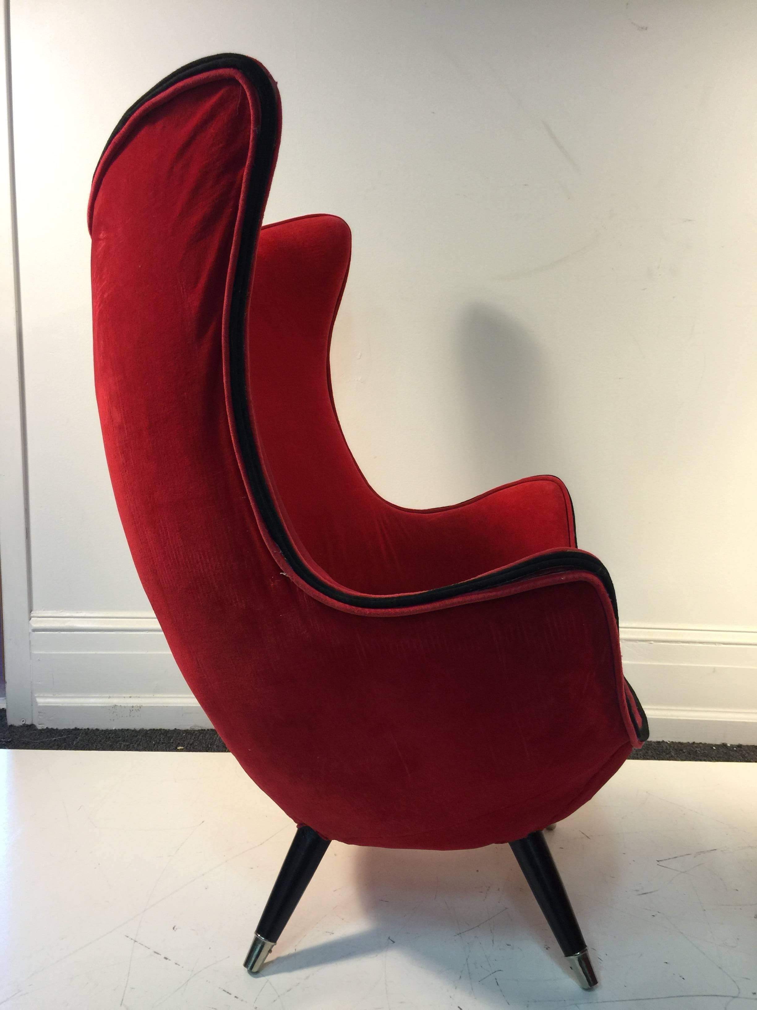  Exceptional Pair of Modernist Red/Black Lounge Chairs Atrributed to Jean Royere In Excellent Condition For Sale In Mount Penn, PA