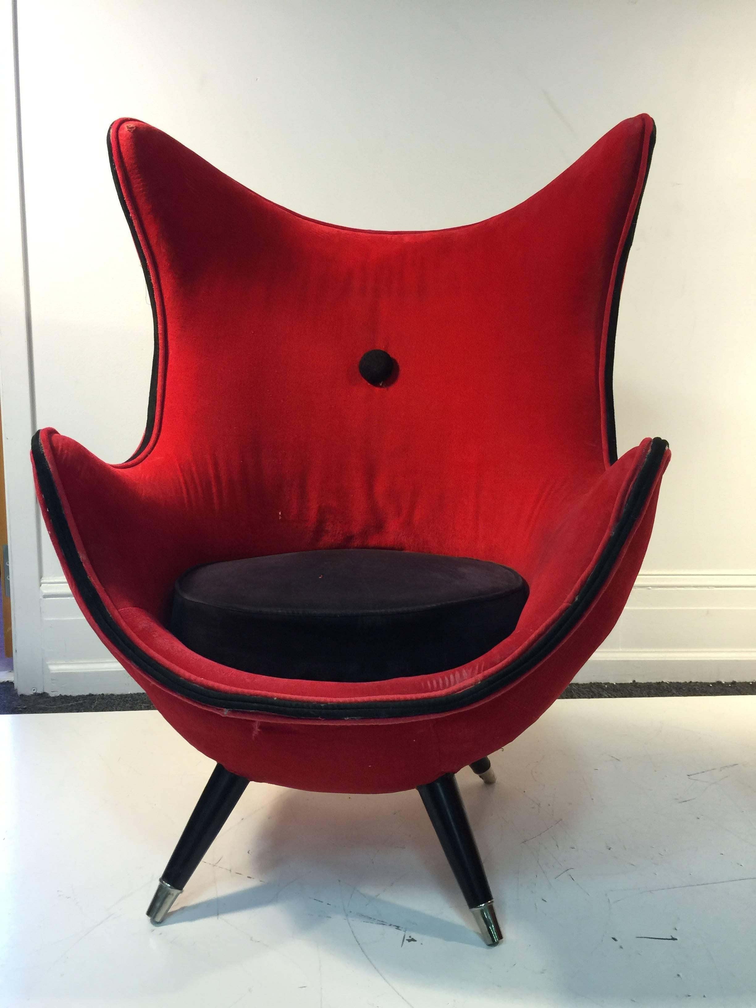 Mid-20th Century  Exceptional Pair of Modernist Red/Black Lounge Chairs Atrributed to Jean Royere For Sale
