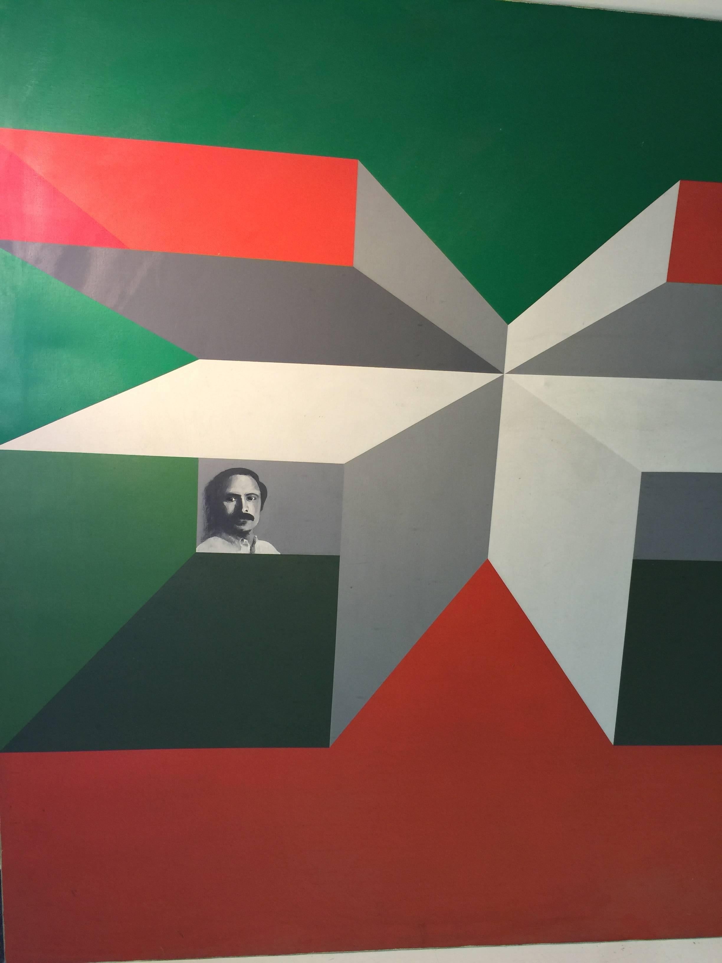 Modern Great Op-Art Painting with Portrait by Philadelphia Artist Charles Domsky For Sale