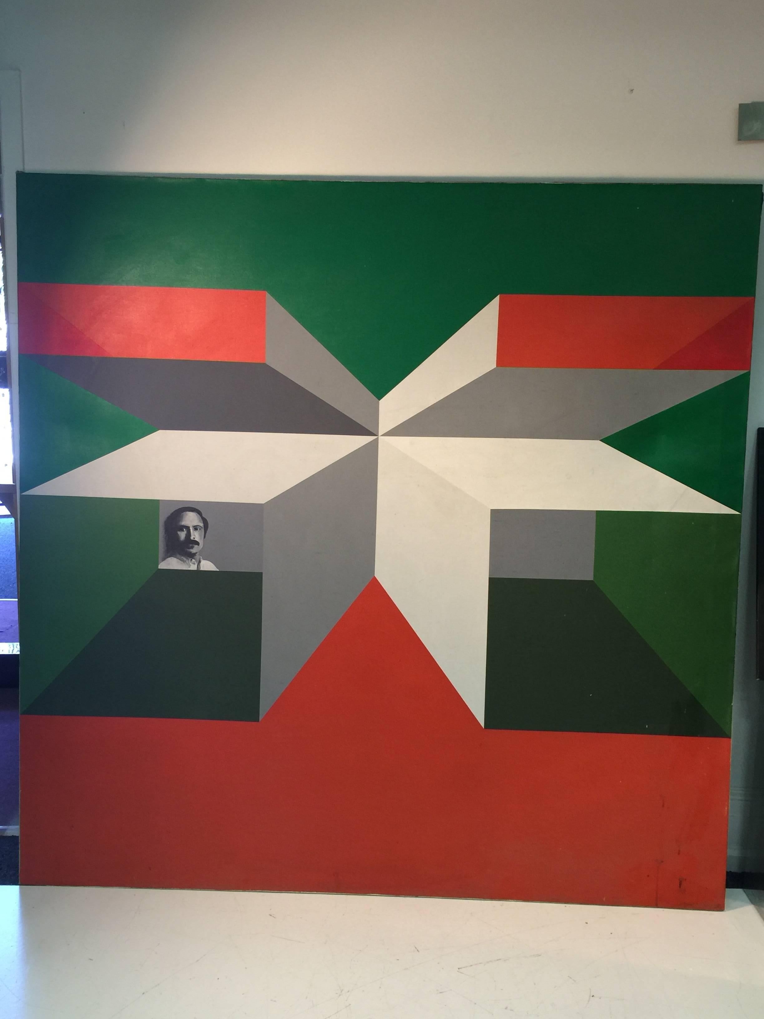Acrylic Great Op-Art Painting with Portrait by Philadelphia Artist Charles Domsky For Sale