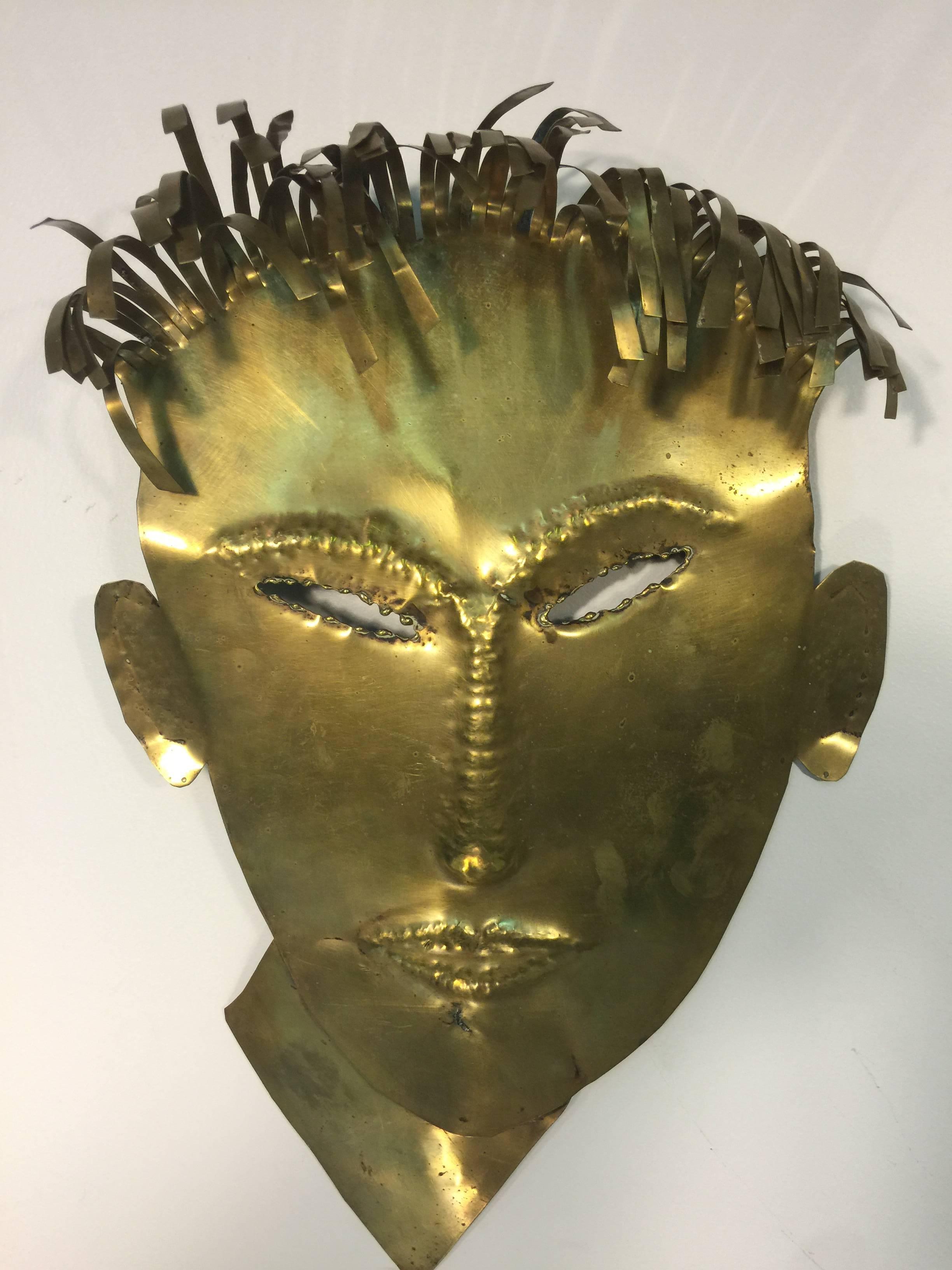 European Terrific Brass Male Masks or Face Wall Sculptures in the Manner of Hagenauer For Sale