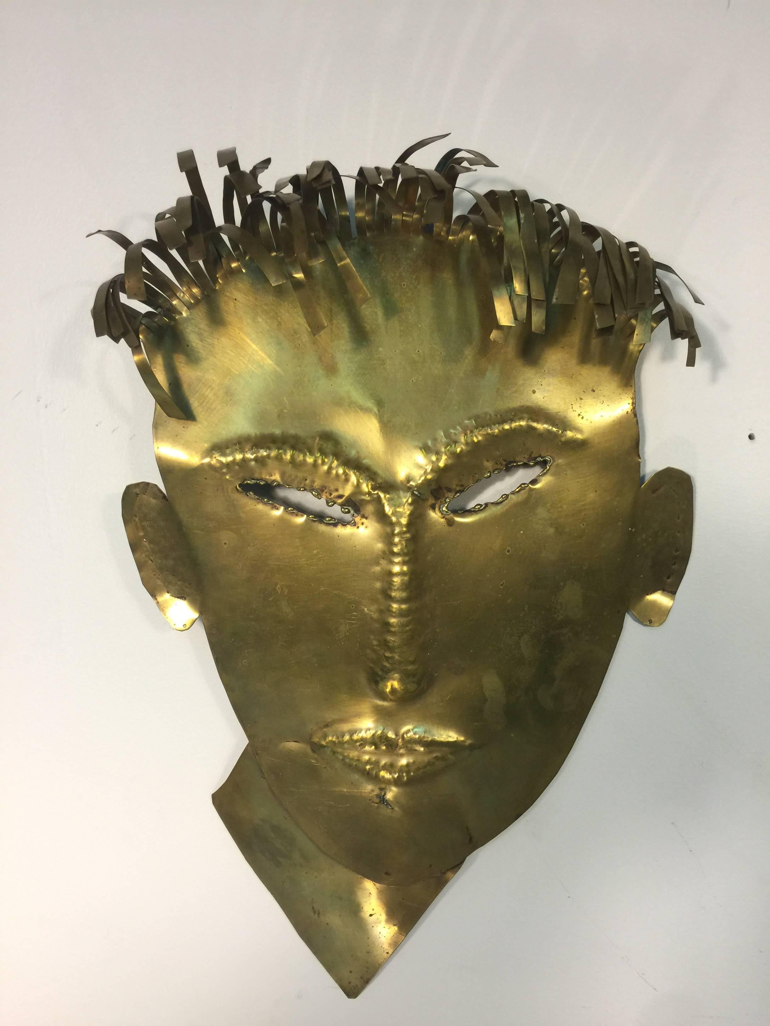Terrific Brass Male Masks or Face Wall Sculptures in the Manner of Hagenauer In Good Condition For Sale In Mount Penn, PA