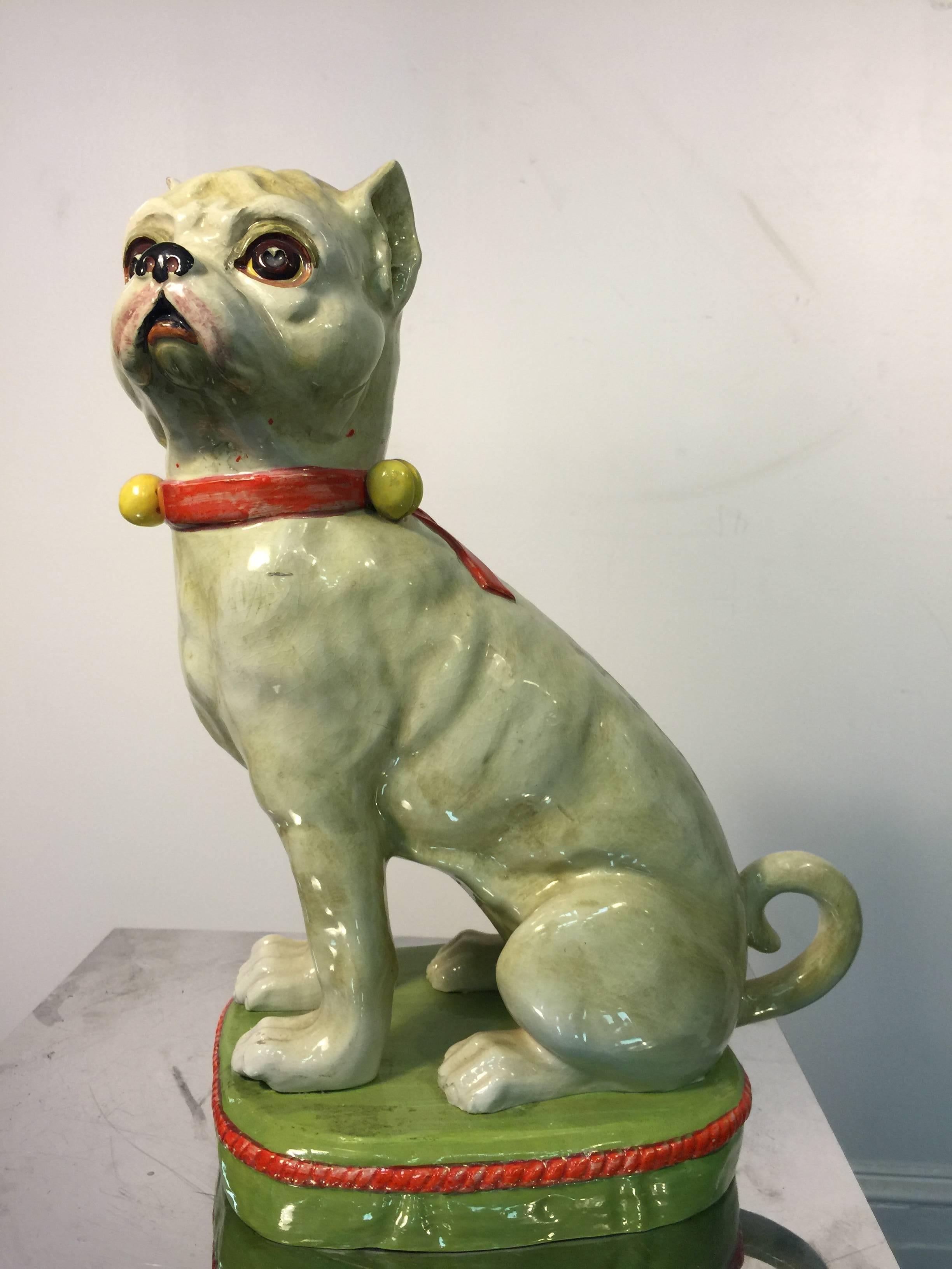 A fantastic pair of Italian hand-painted ceramic sculptural French bulldogs, circa 1960. Great color and expression.