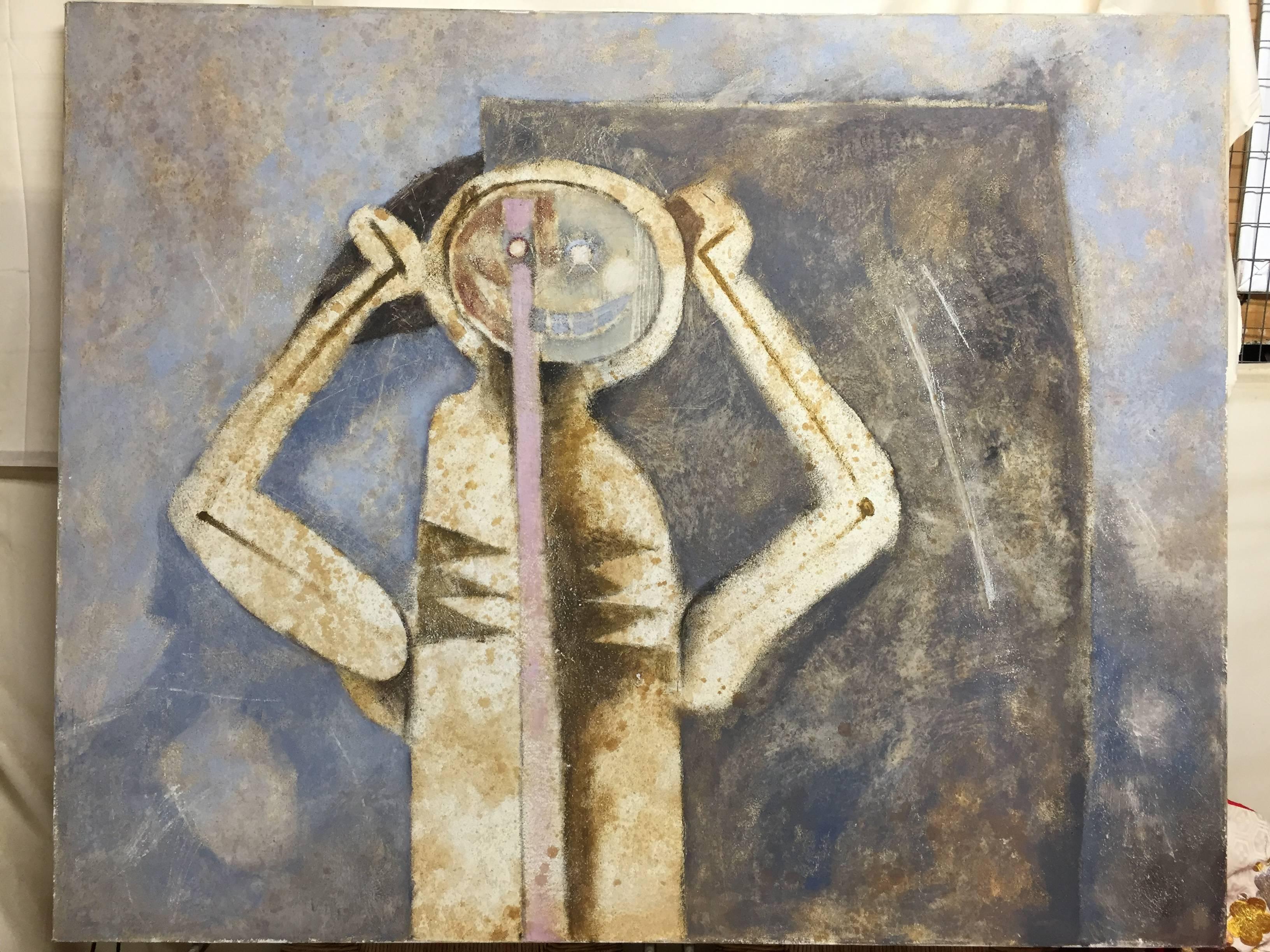 An Unsigned Modern Painting in the style of the Mexican Artist Rufino Tamayo, 20th century. Using Sand Incorporated with Paint Rufino Tamayo mastered this Art Technique. His work was Surreal  and Alien-Like in his Depiction of the Human Form.This