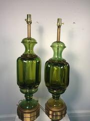 Set of Two Sculpted Italian Murano Glass Emerald Green Table Lamps