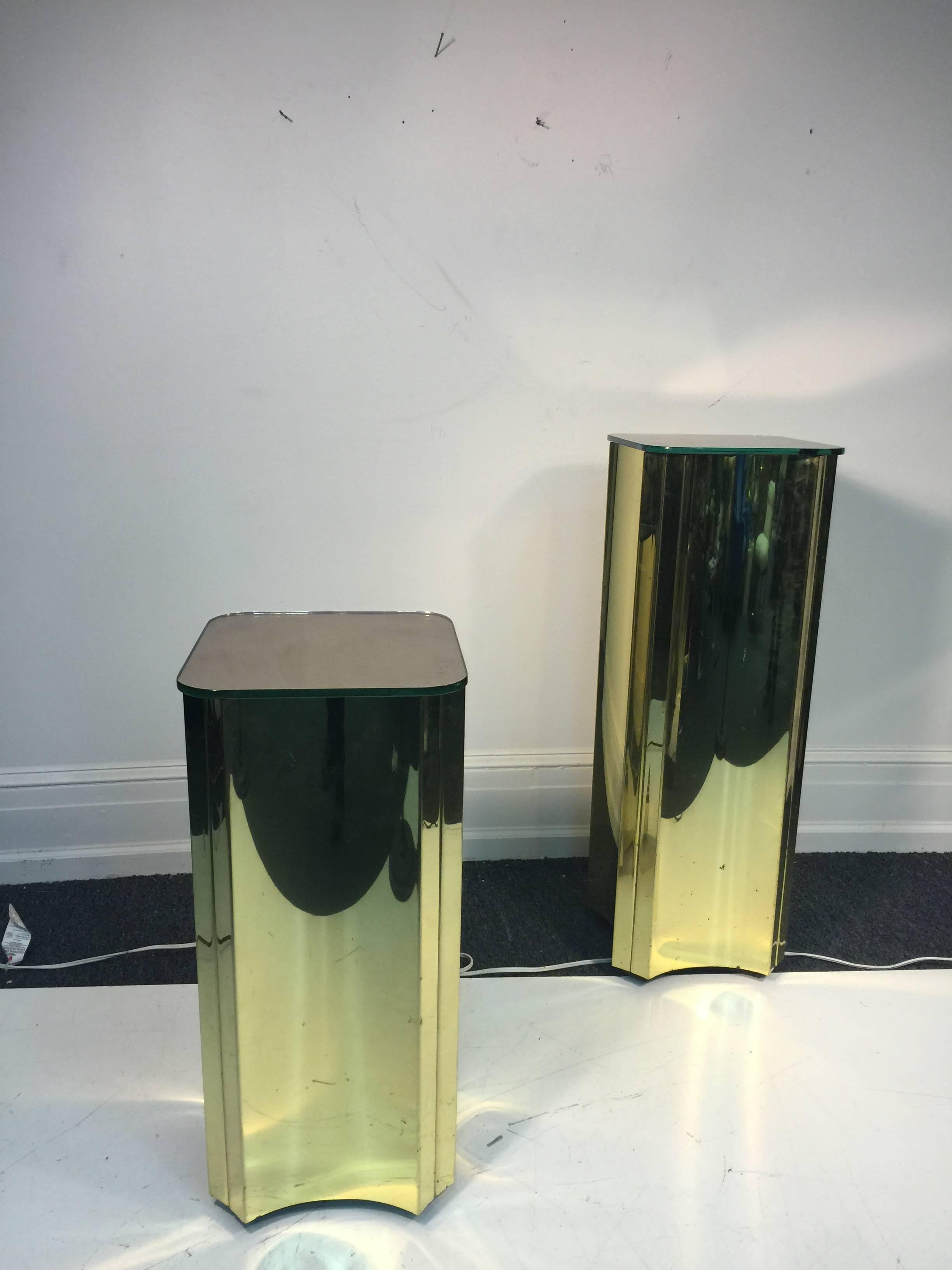 Modern Terrific Set of Two Sculptural Curtis Jere Brass Pedestals with Mirrored Tops For Sale