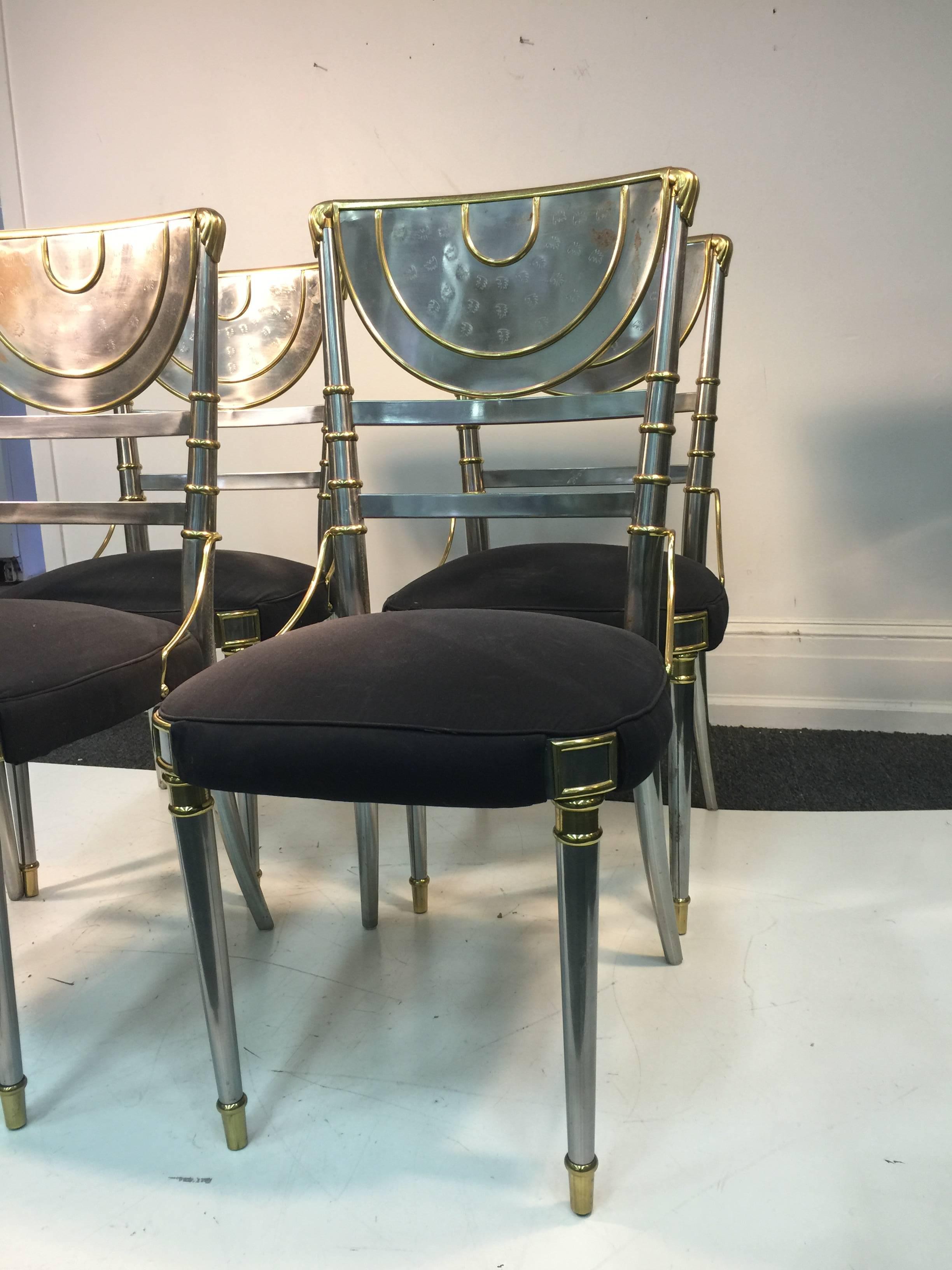 French Exceptional Set of Four Steel Dining Chairs with Brass Accents by Maison Jansen For Sale