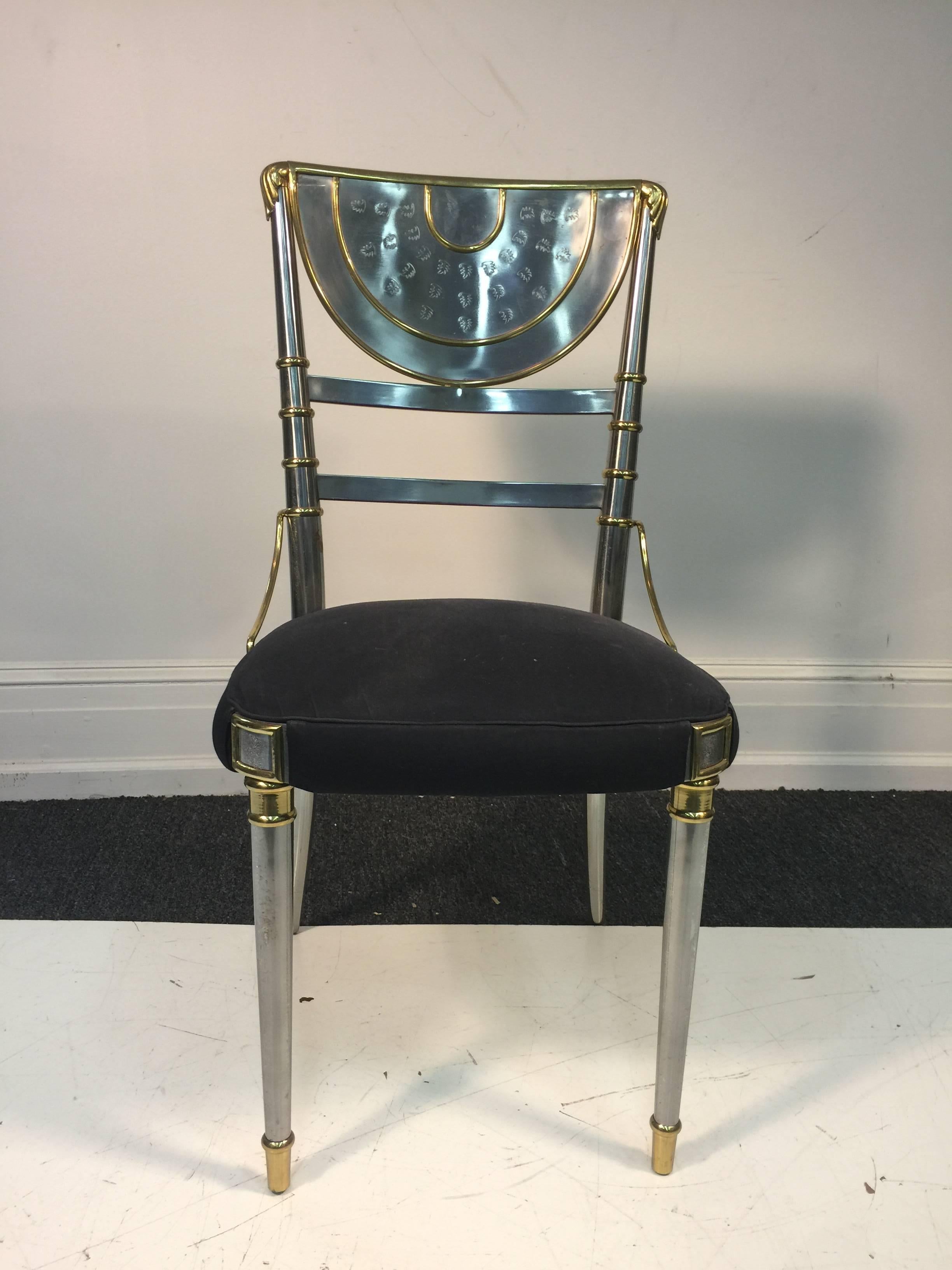 Exceptional Set of Four Steel Dining Chairs with Brass Accents by Maison Jansen In Good Condition For Sale In Mount Penn, PA