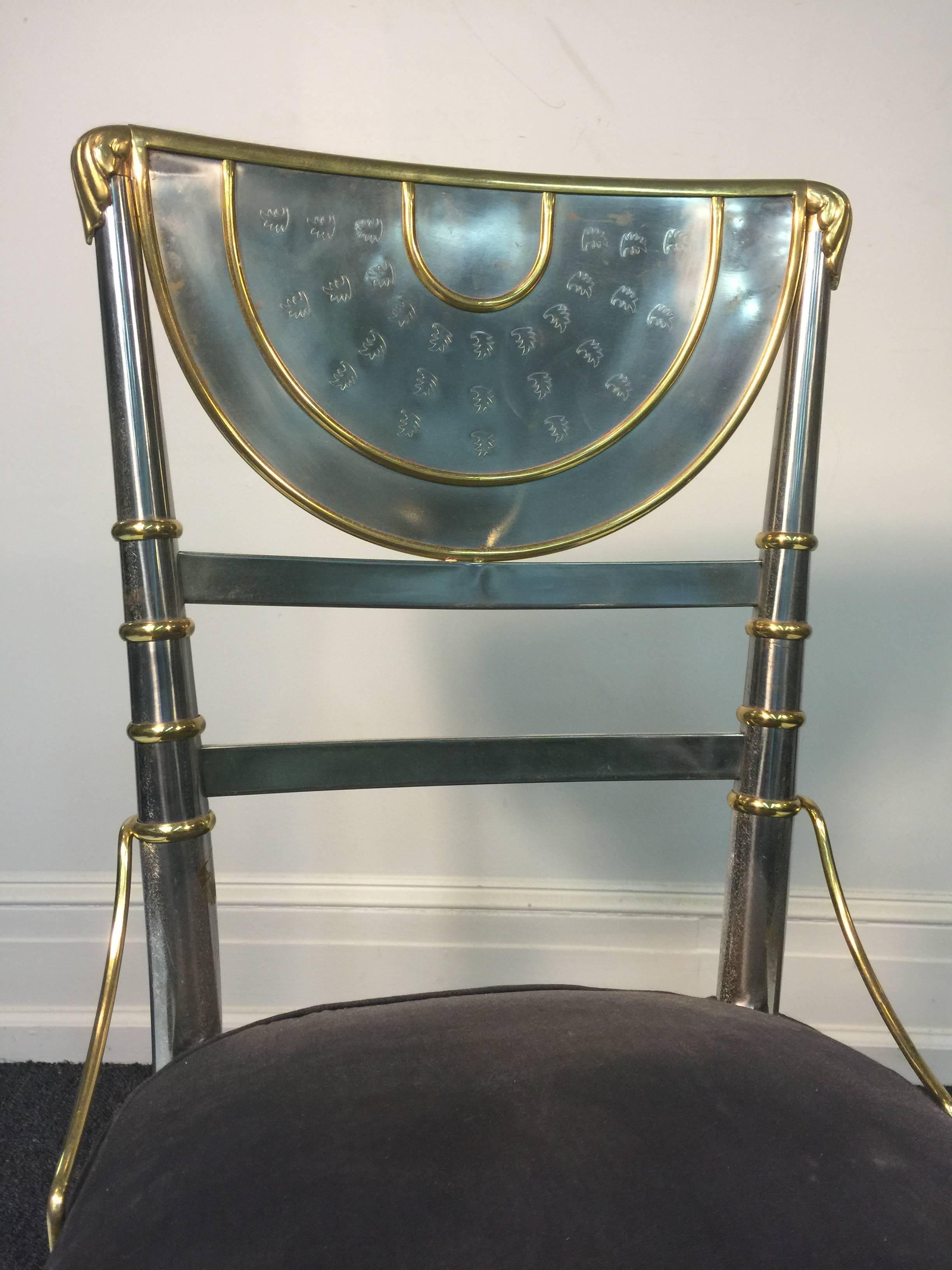 Exceptional Set of Four Steel Dining Chairs with Brass Accents by Maison Jansen For Sale 1