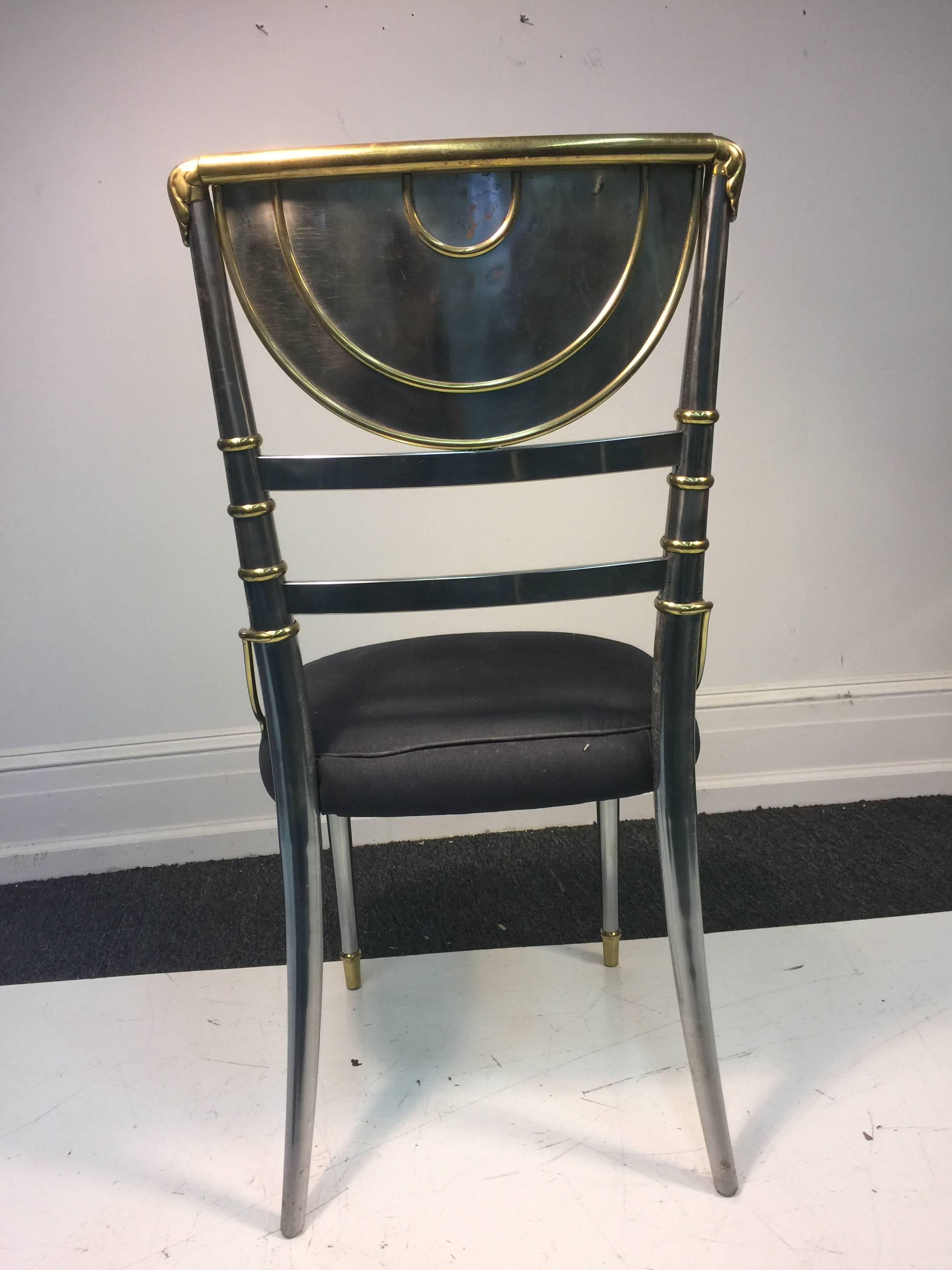 Exceptional Set of Four Steel Dining Chairs with Brass Accents by Maison Jansen For Sale 2