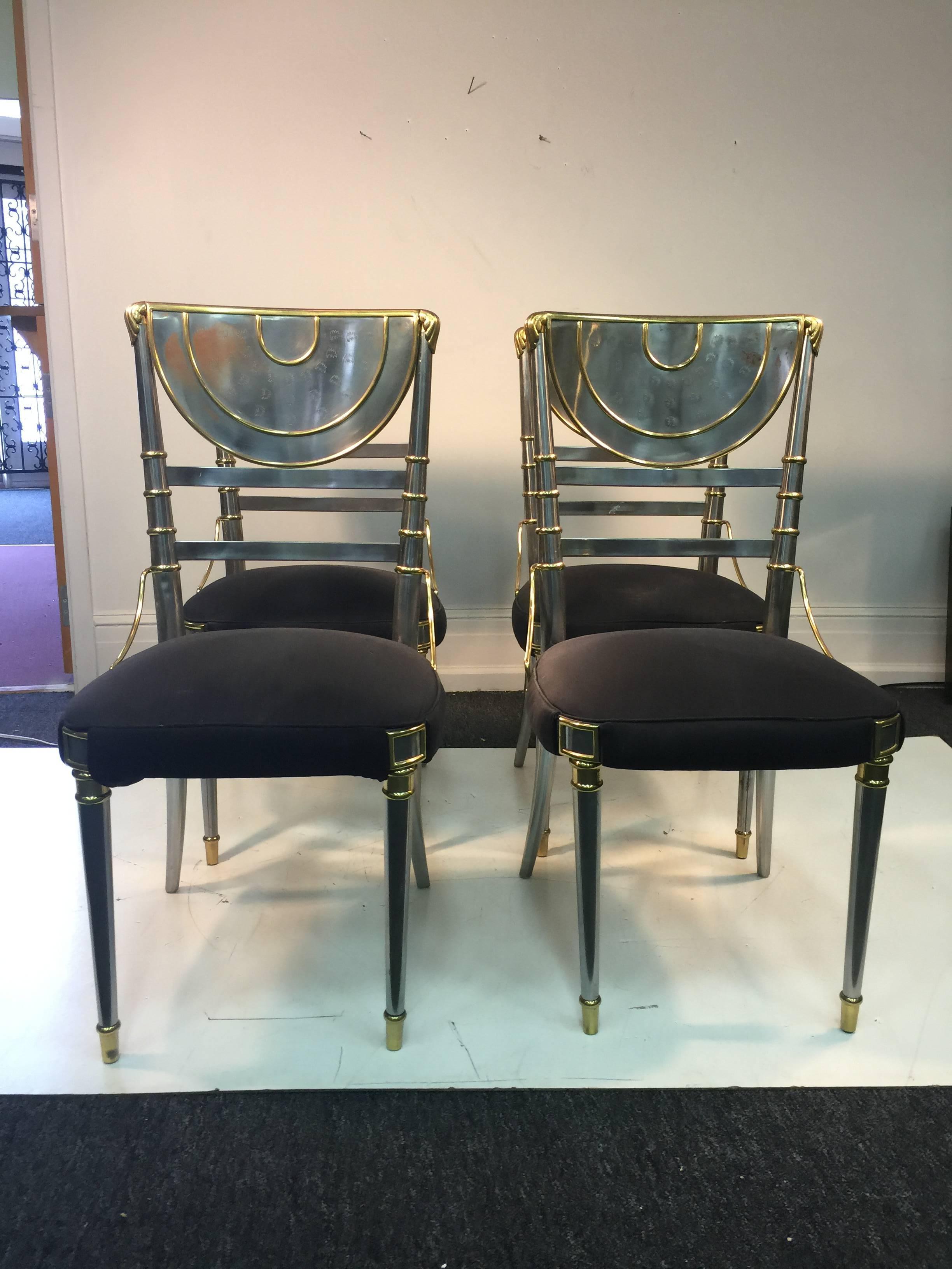 Mid-Century Modern Exceptional Set of Four Steel Dining Chairs with Brass Accents by Maison Jansen For Sale